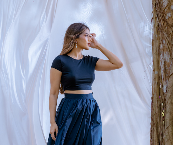 Cap Sleeve Fitted Crop Top- Navy