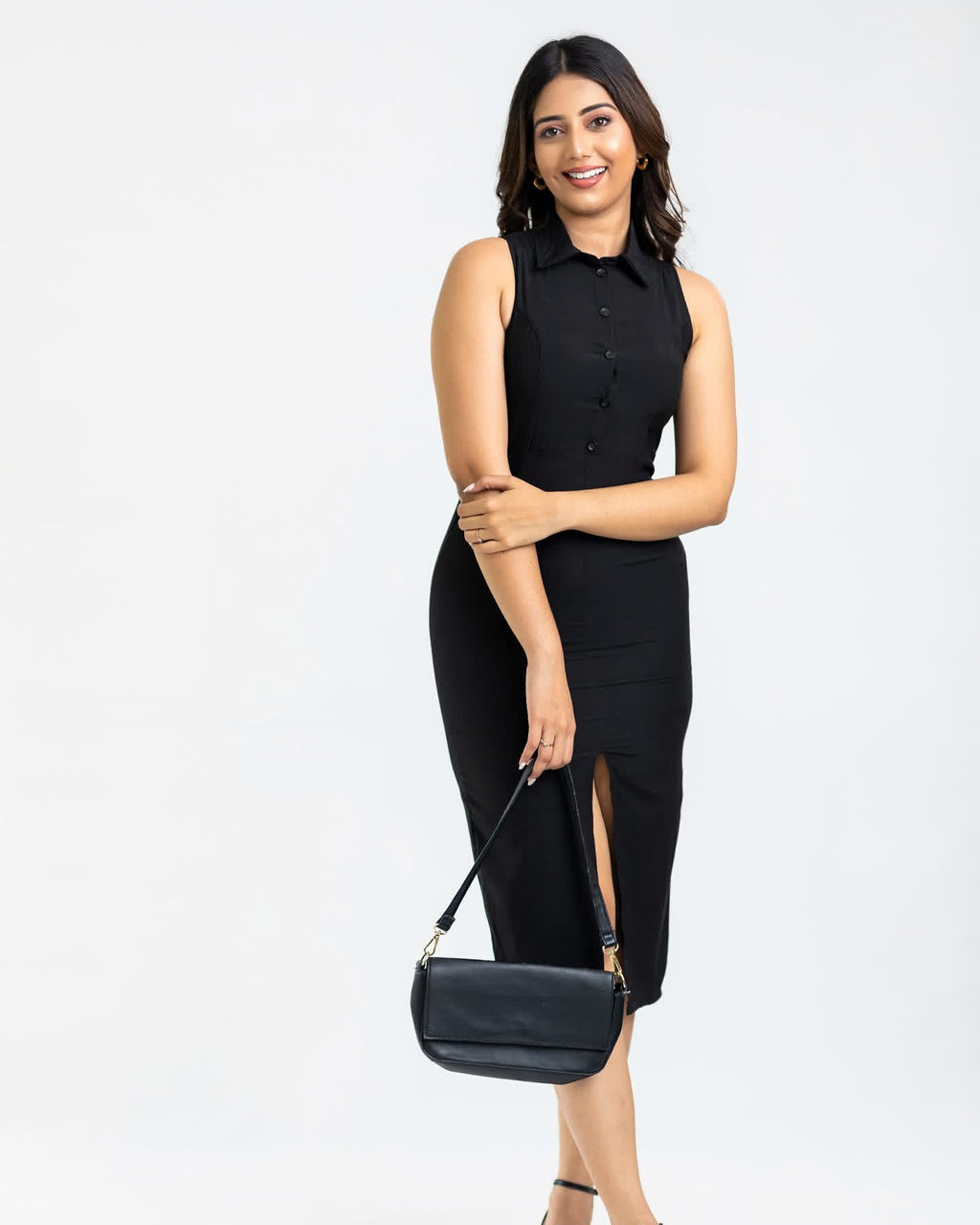 Fitted Muse Collar Midi Dress- Black