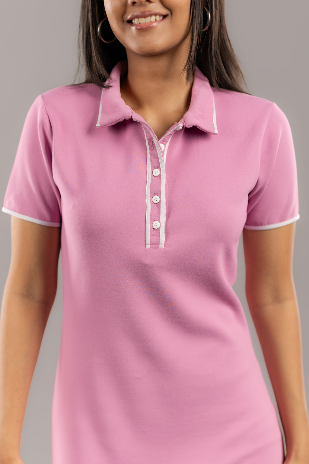 Soft Pink Contrast Trim Polo Collar Knit Midi