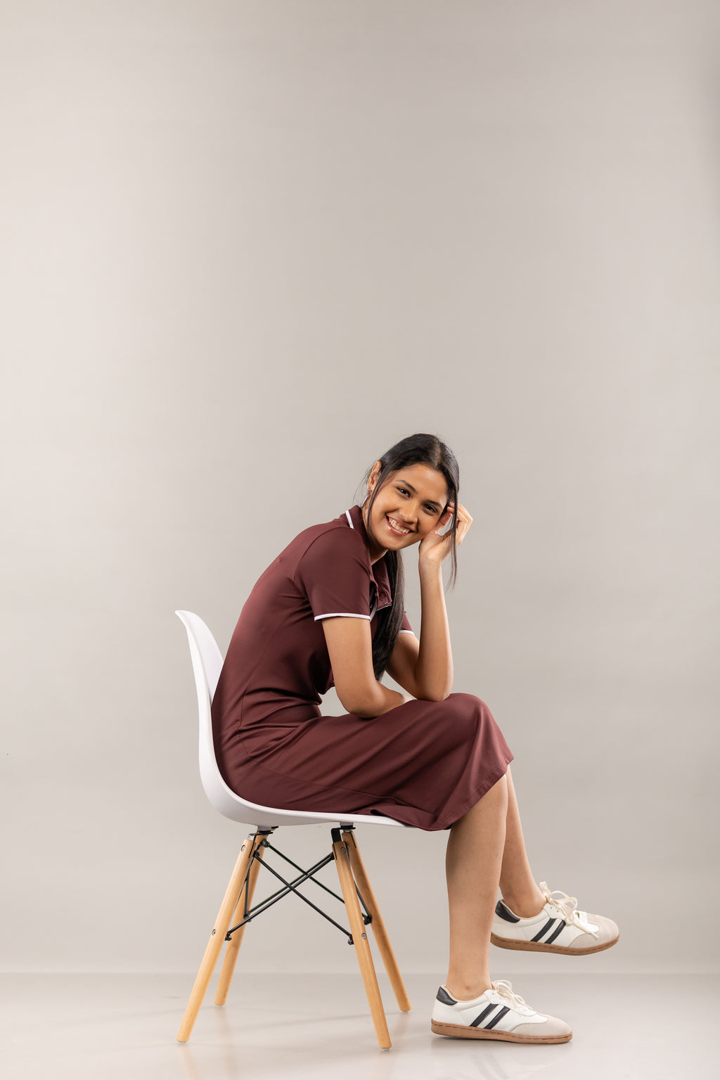 Maroon Contrast Trim Polo Collar Knit Midi