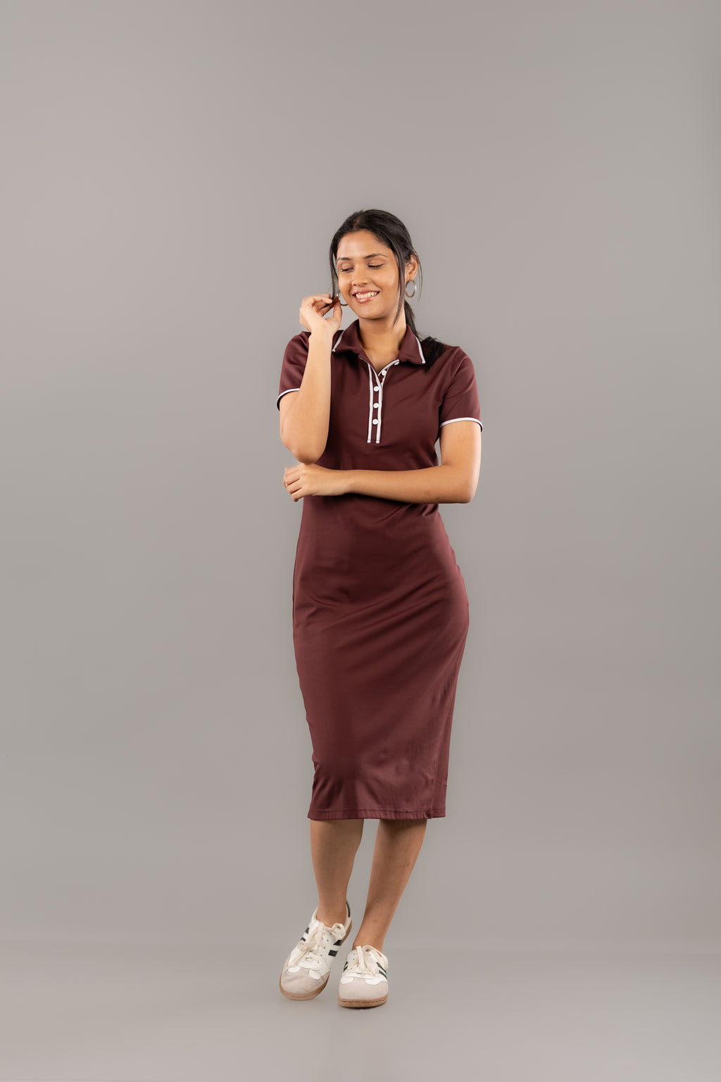 Maroon Contrast Trim Polo Collar Knit Midi