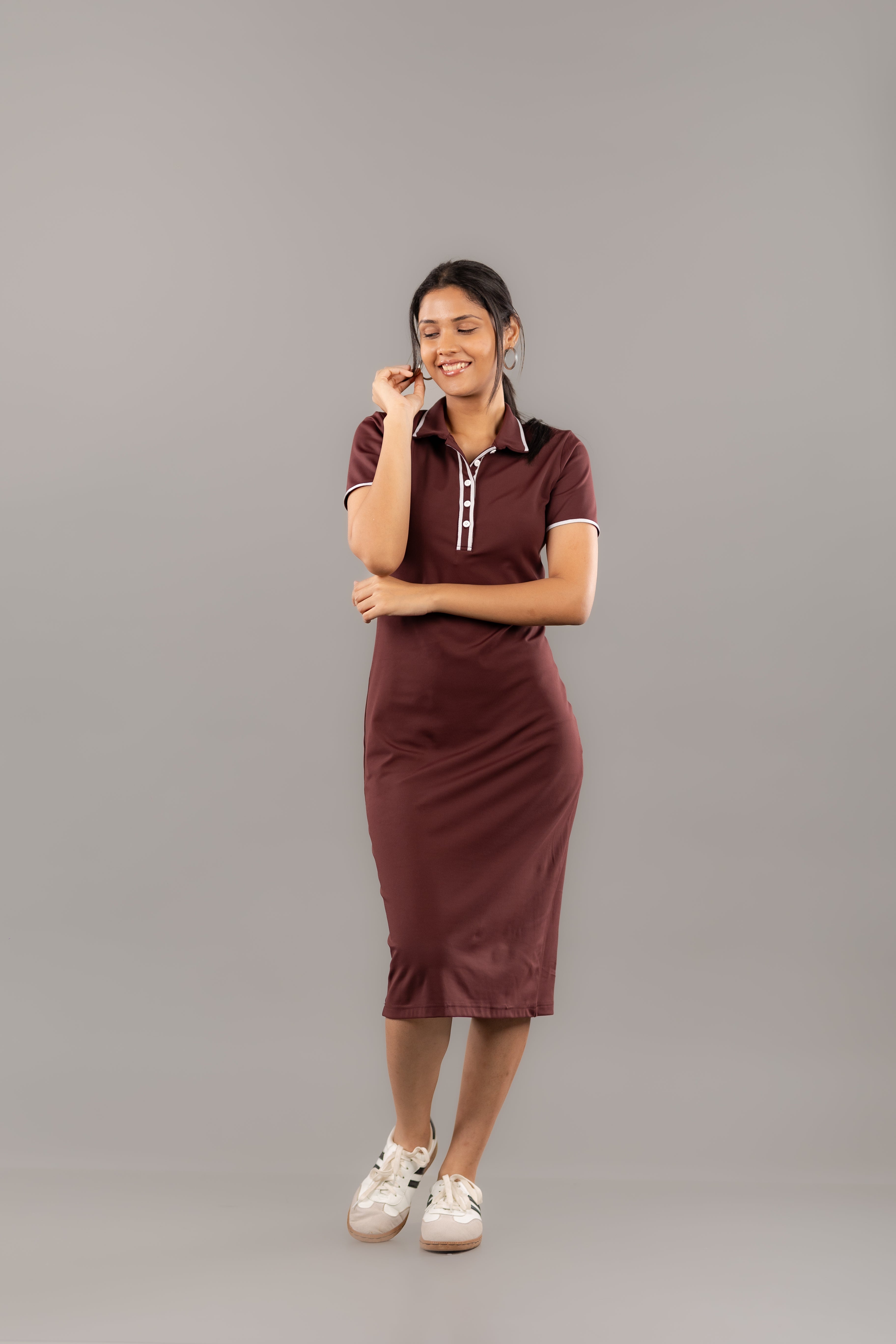 Maroon Contrast Trim Polo Collar Knit Midi