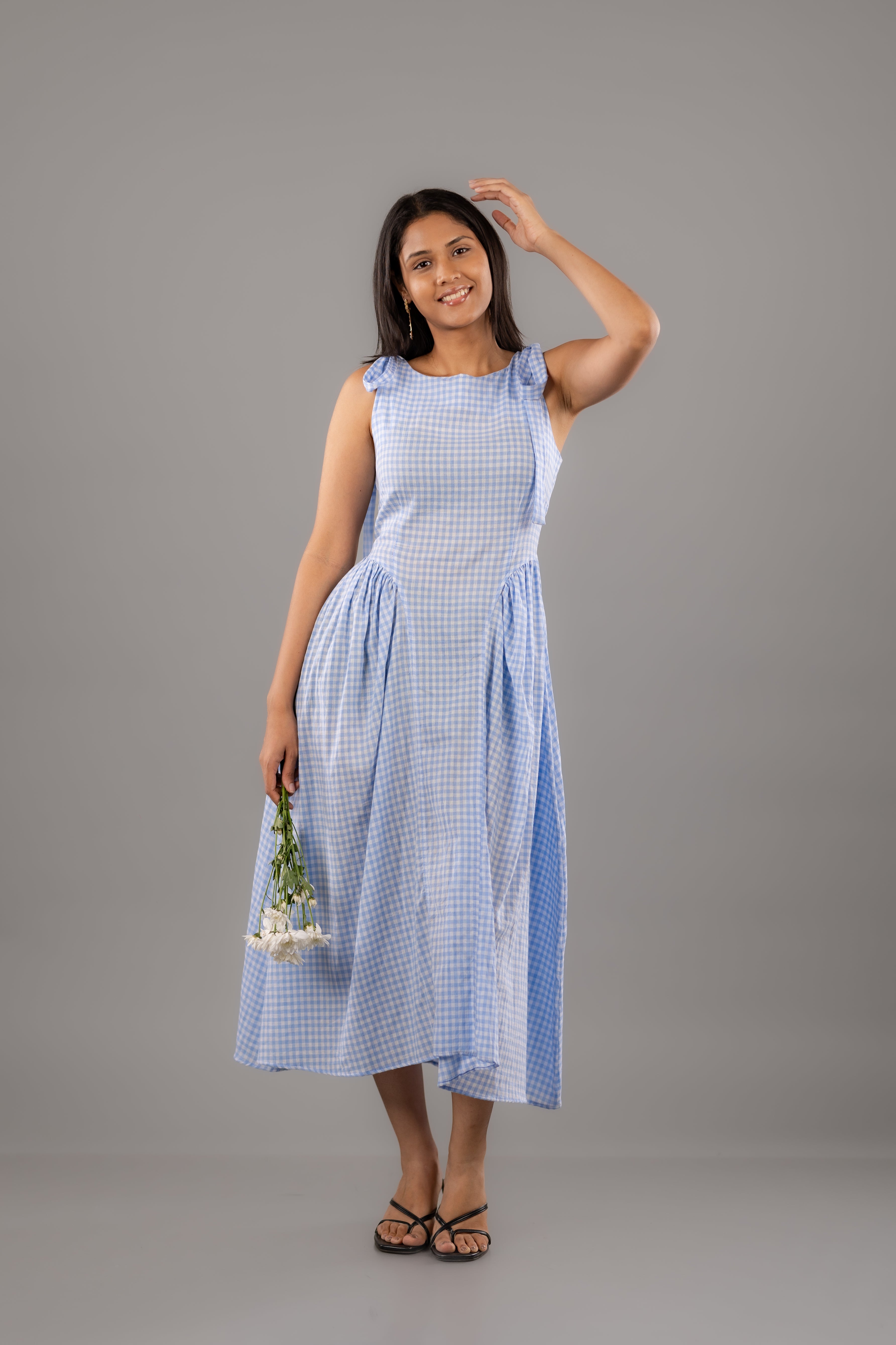 Blue Gingham Shoulder-Tie Flare Midi