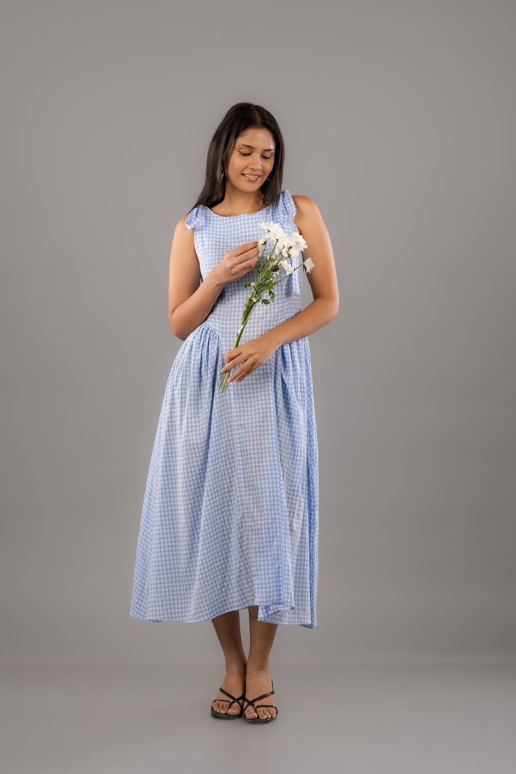 Blue Gingham Shoulder-Tie Flare Midi