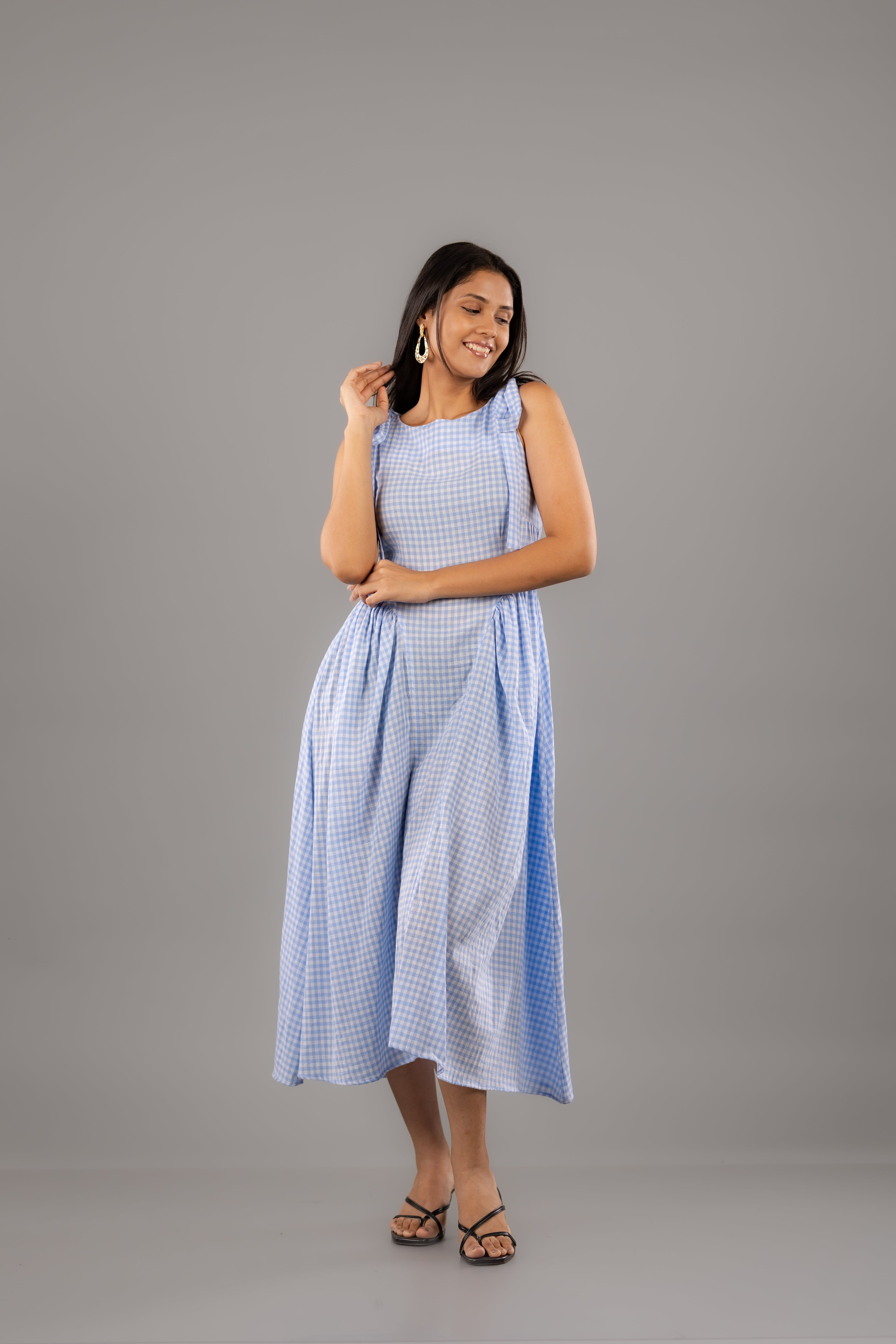 Blue Gingham Shoulder-Tie Flare Midi