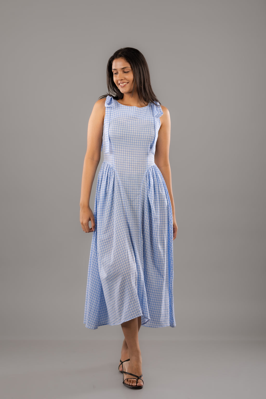 Blue Gingham Shoulder-Tie Flare Midi