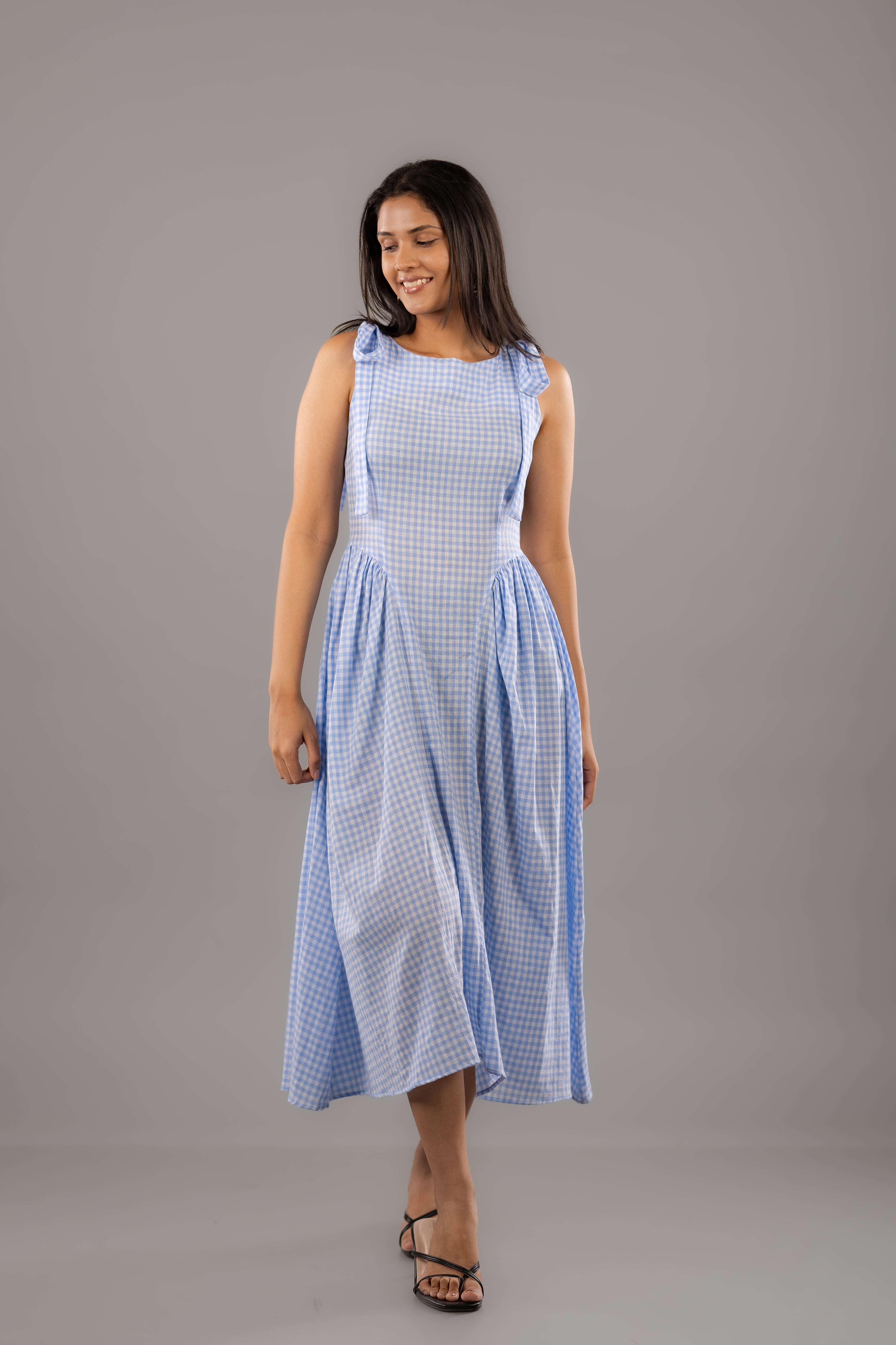 Blue Gingham Shoulder-Tie Flare Midi