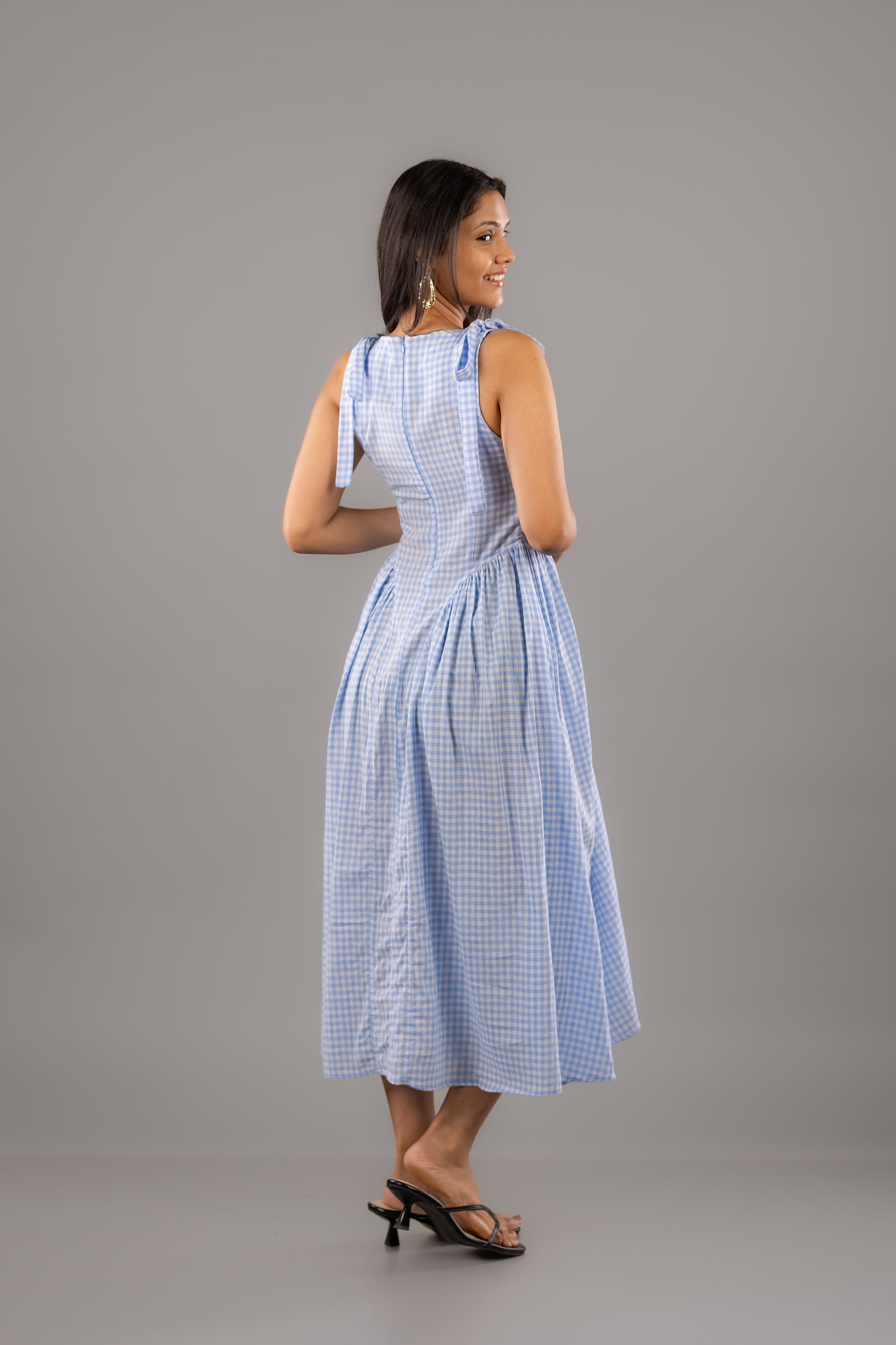 Blue Gingham Shoulder-Tie Flare Midi