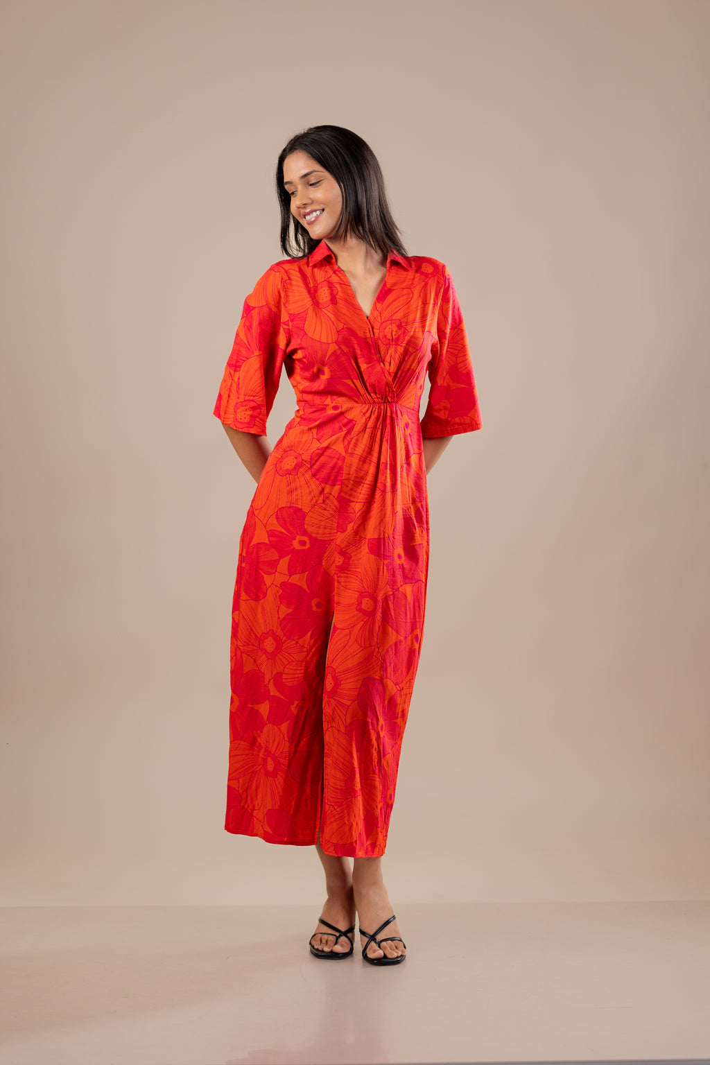Rust Cotton Twist Front Midi Dress