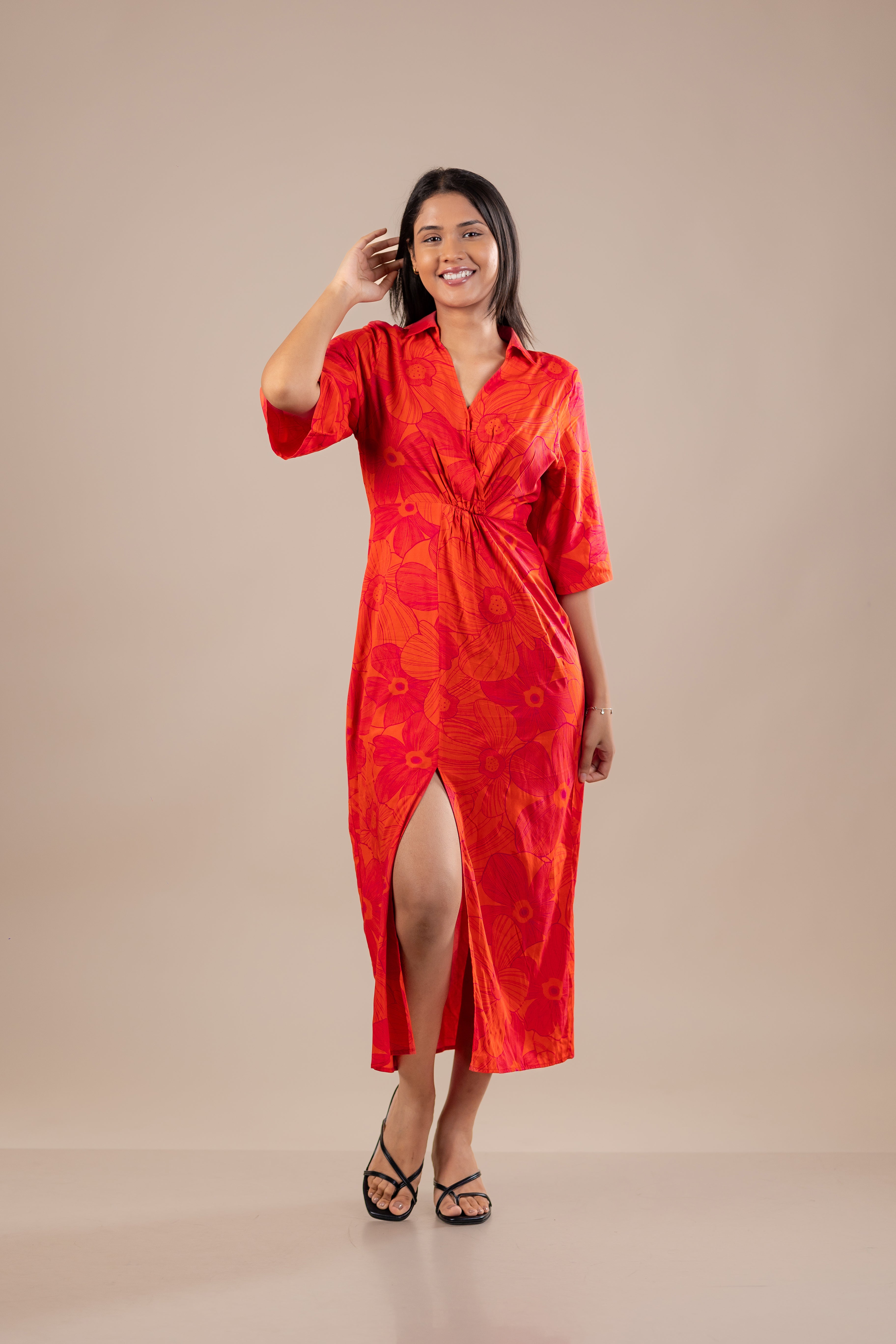 Rust Cotton Twist Front Midi Dress