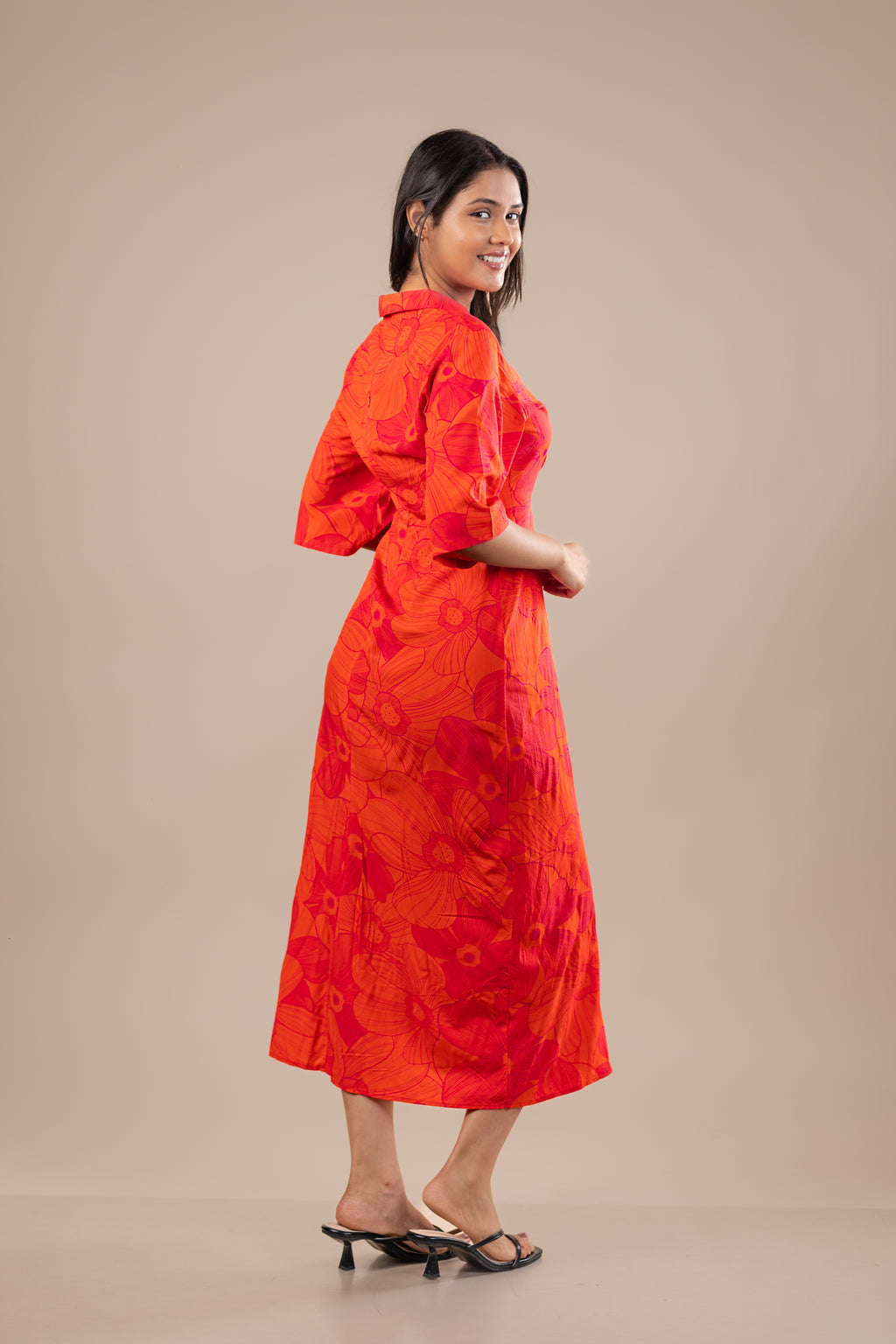 Rust Cotton Twist Front Midi Dress