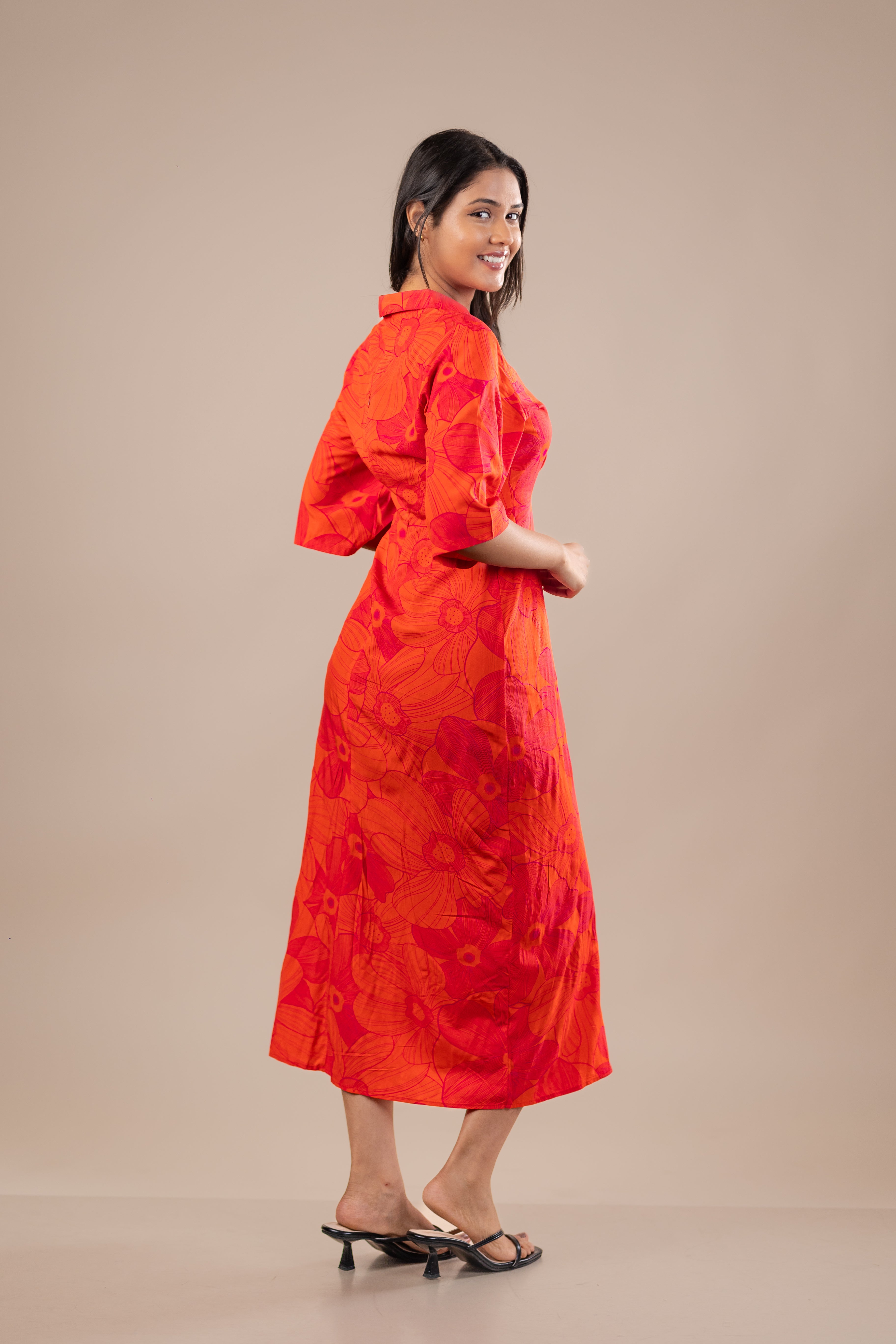 Rust Cotton Twist Front Midi Dress