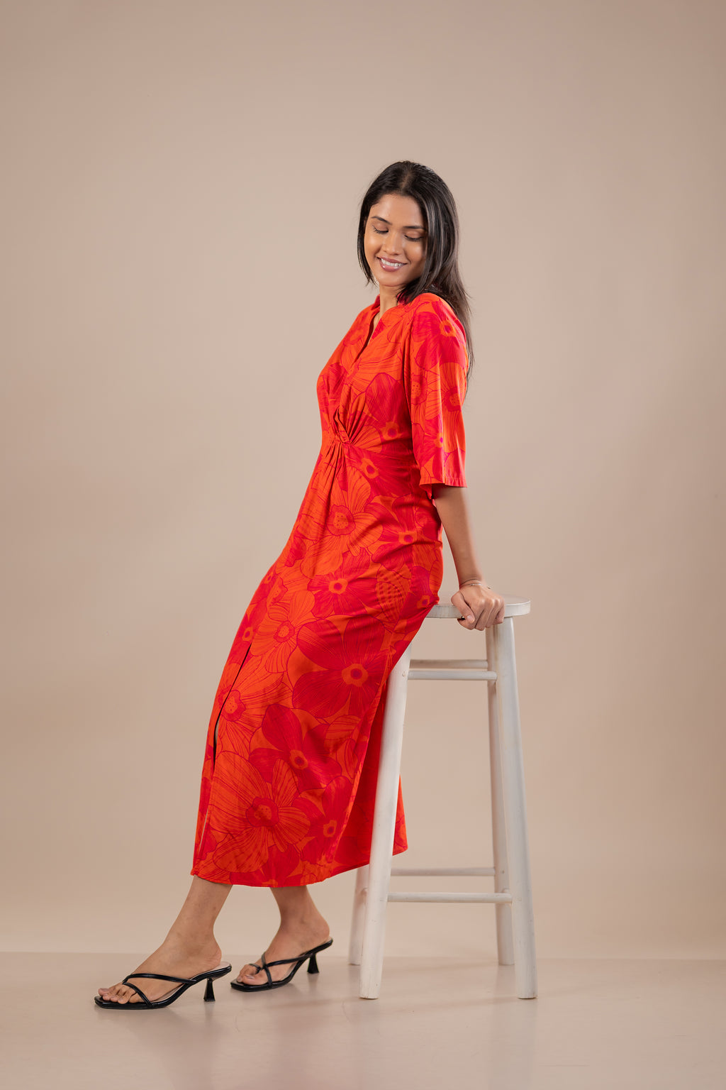 Rust Cotton Twist Front Midi Dress