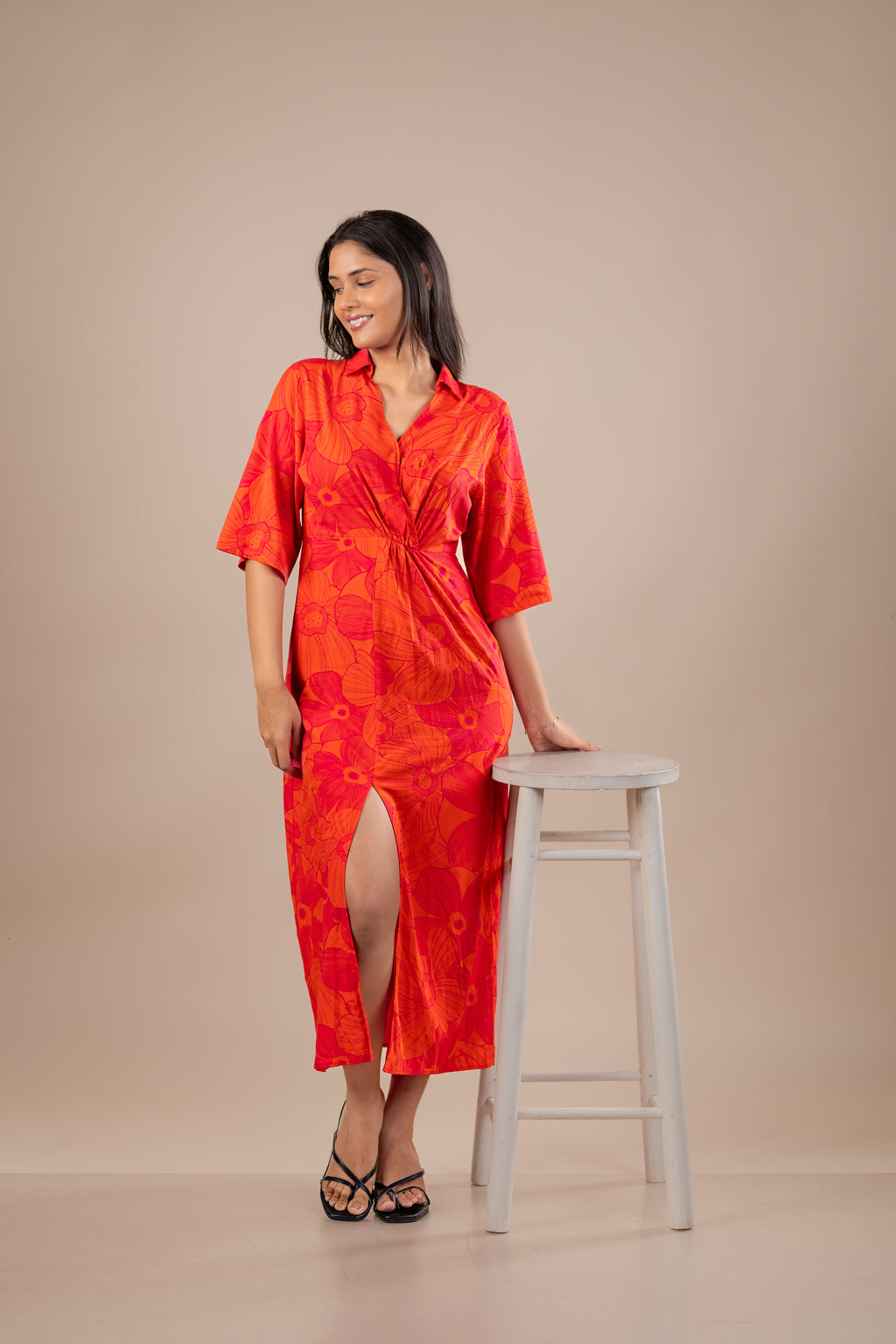 Rust Cotton Twist Front Midi Dress
