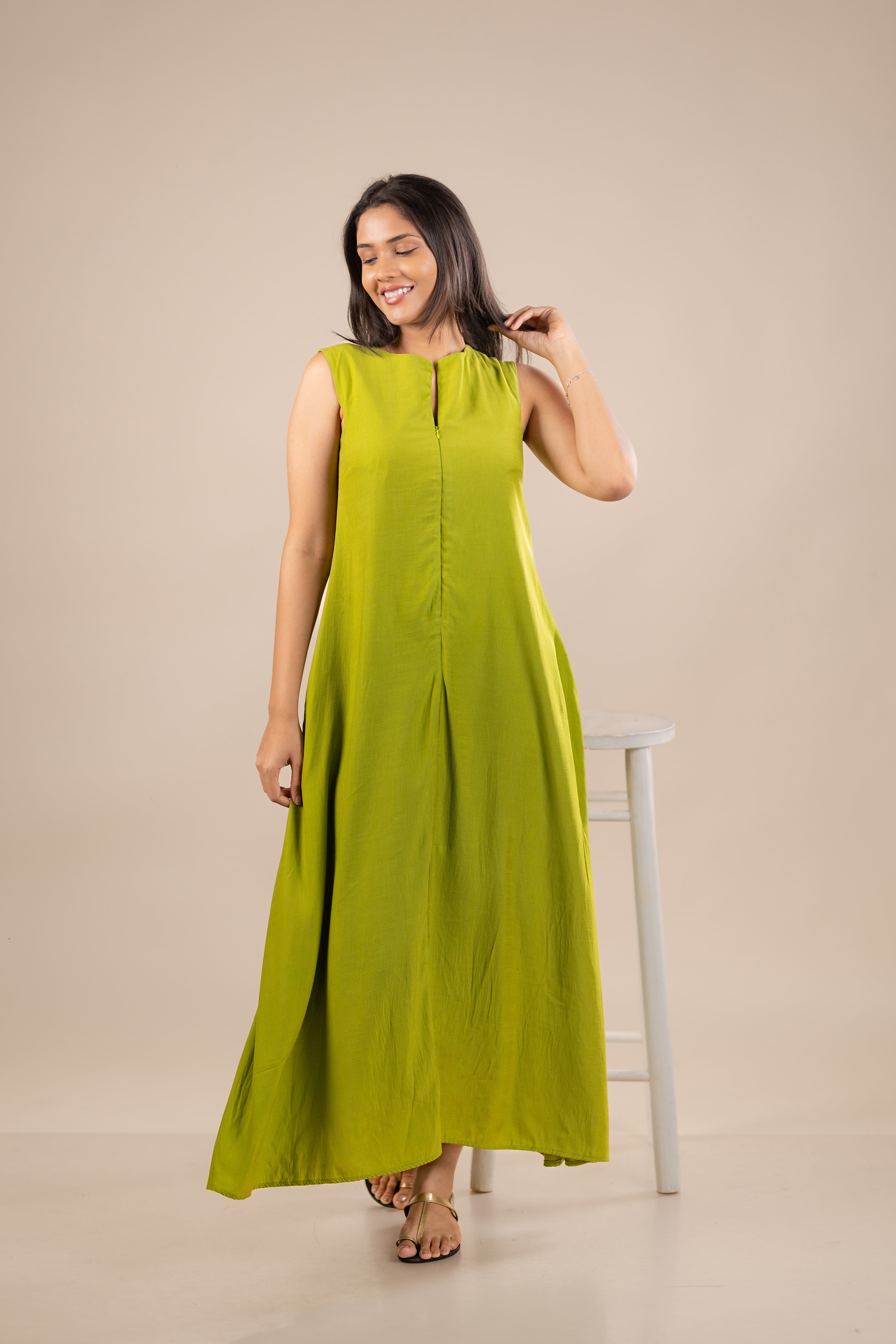 Zip-Front Sleeveless Maxi Dress