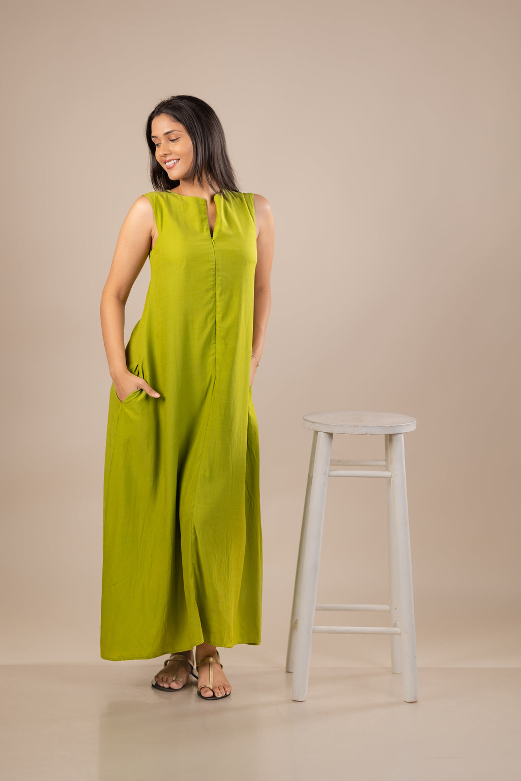 Zip-Front Sleeveless Maxi Dress
