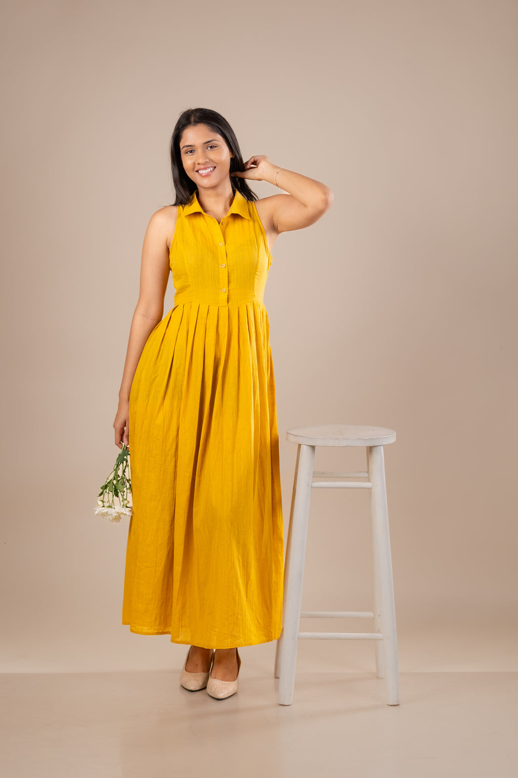 Collared Midi Dress with Pleated Waist