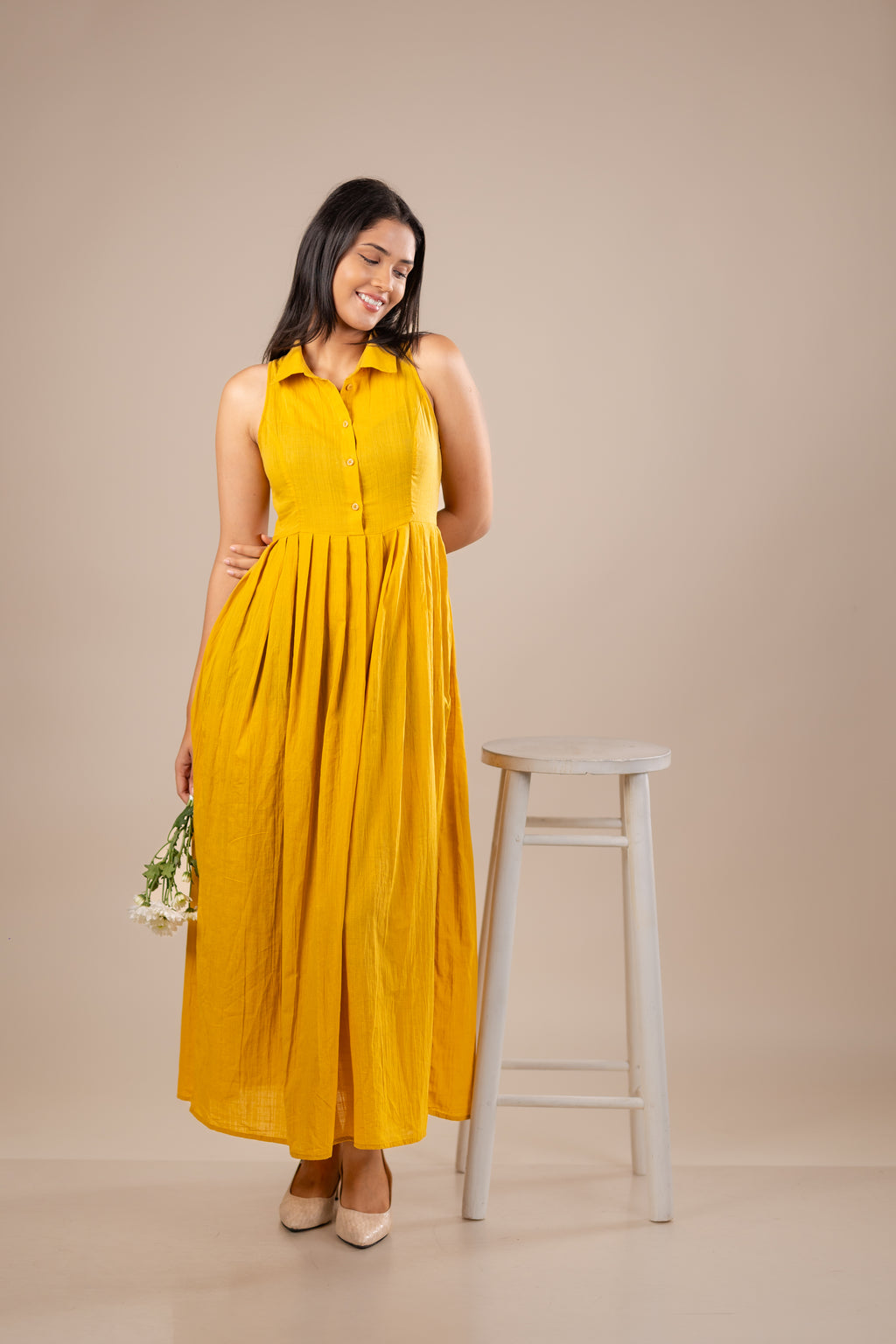 Collared Midi Dress with Pleated Waist