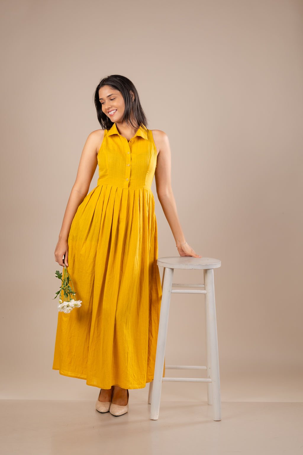 Collared Midi Dress with Pleated Waist