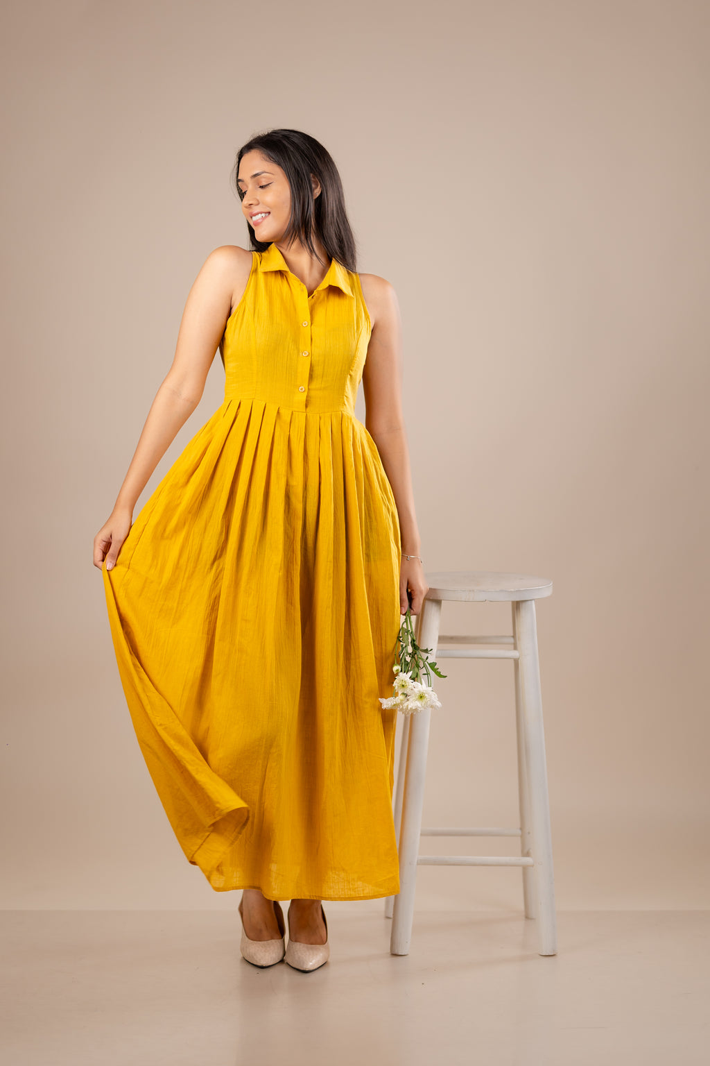 Collared Midi Dress with Pleated Waist