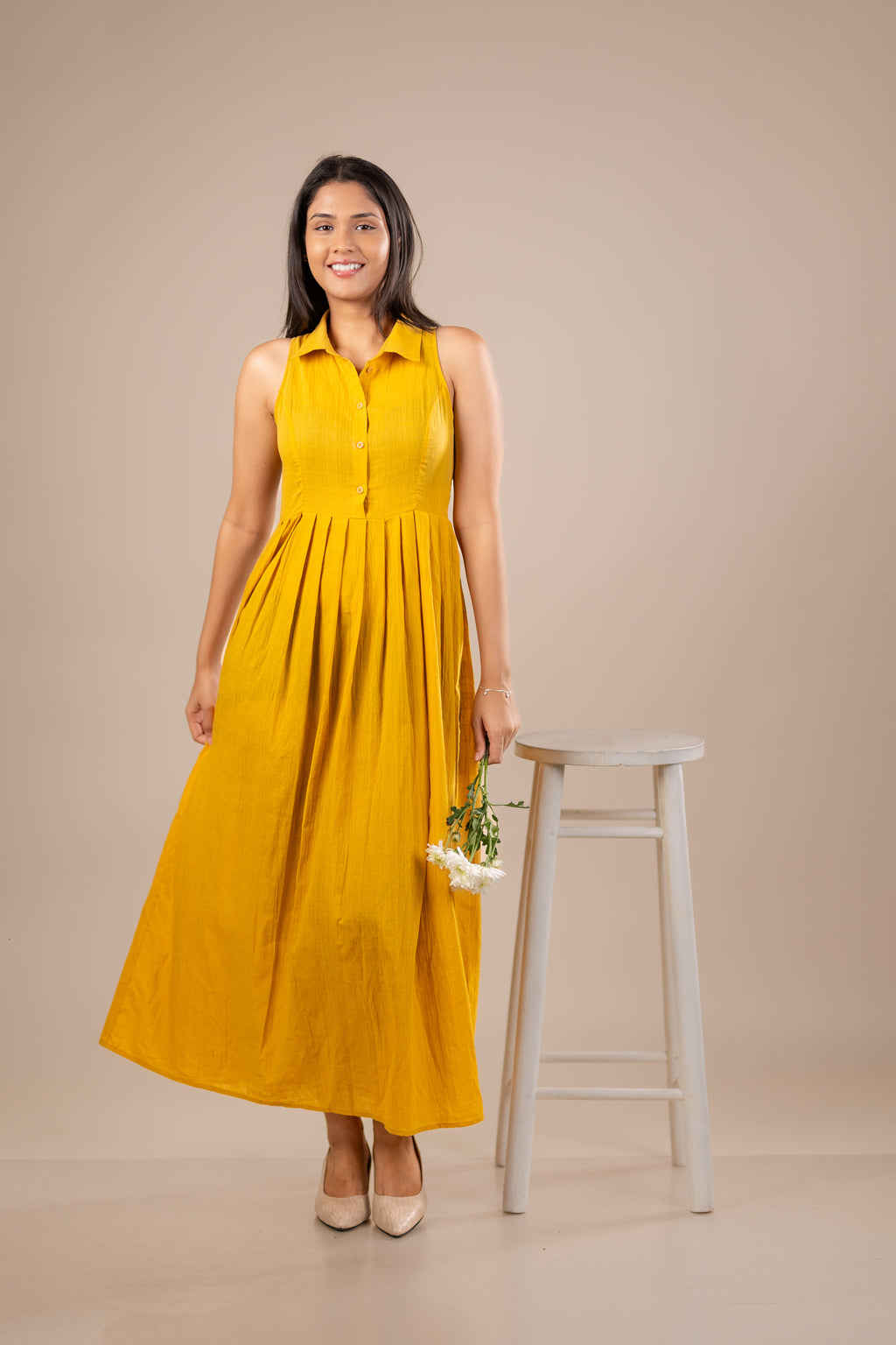 Collared Midi Dress with Pleated Waist
