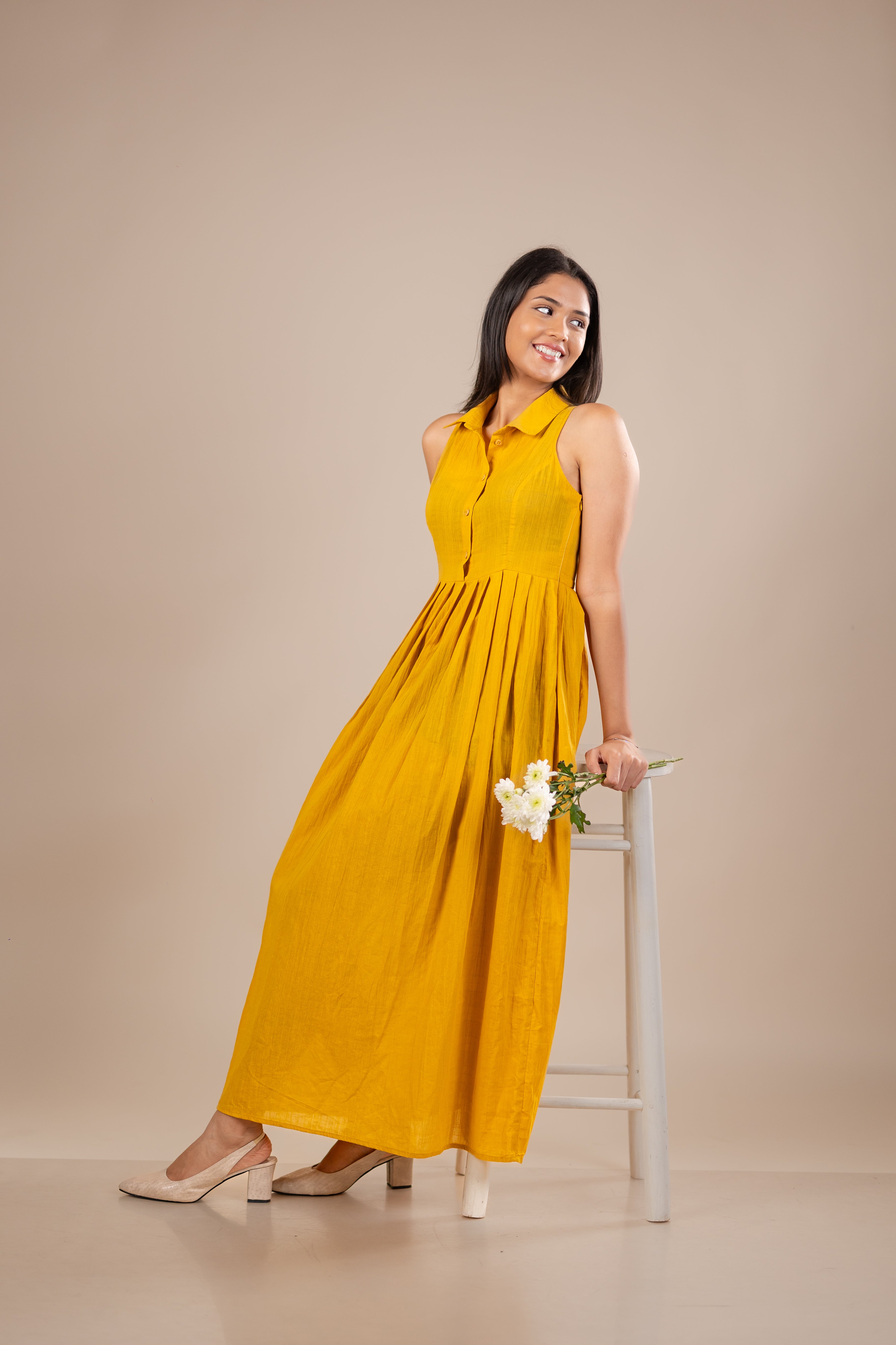 Collared Midi Dress with Pleated Waist