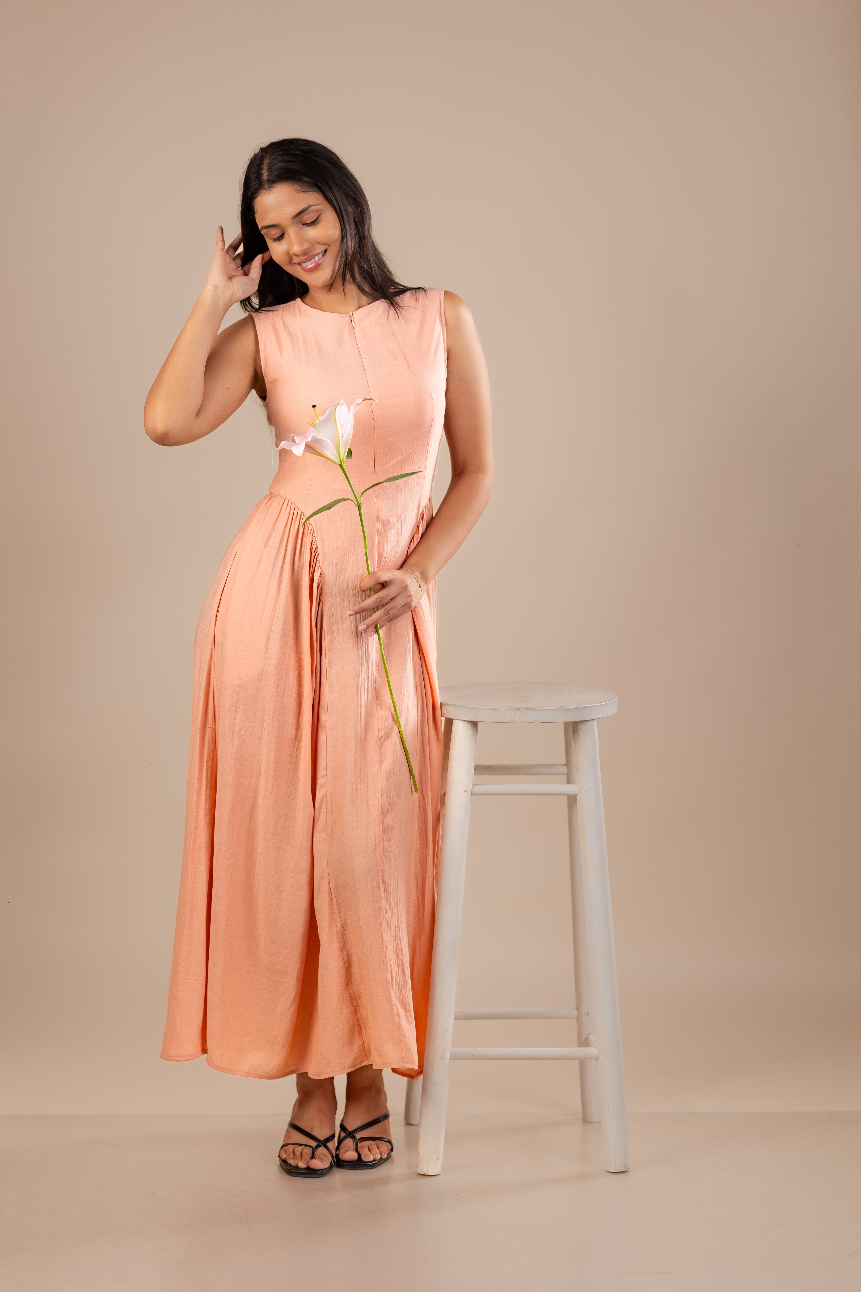 Peach Waist Accentuated Dress