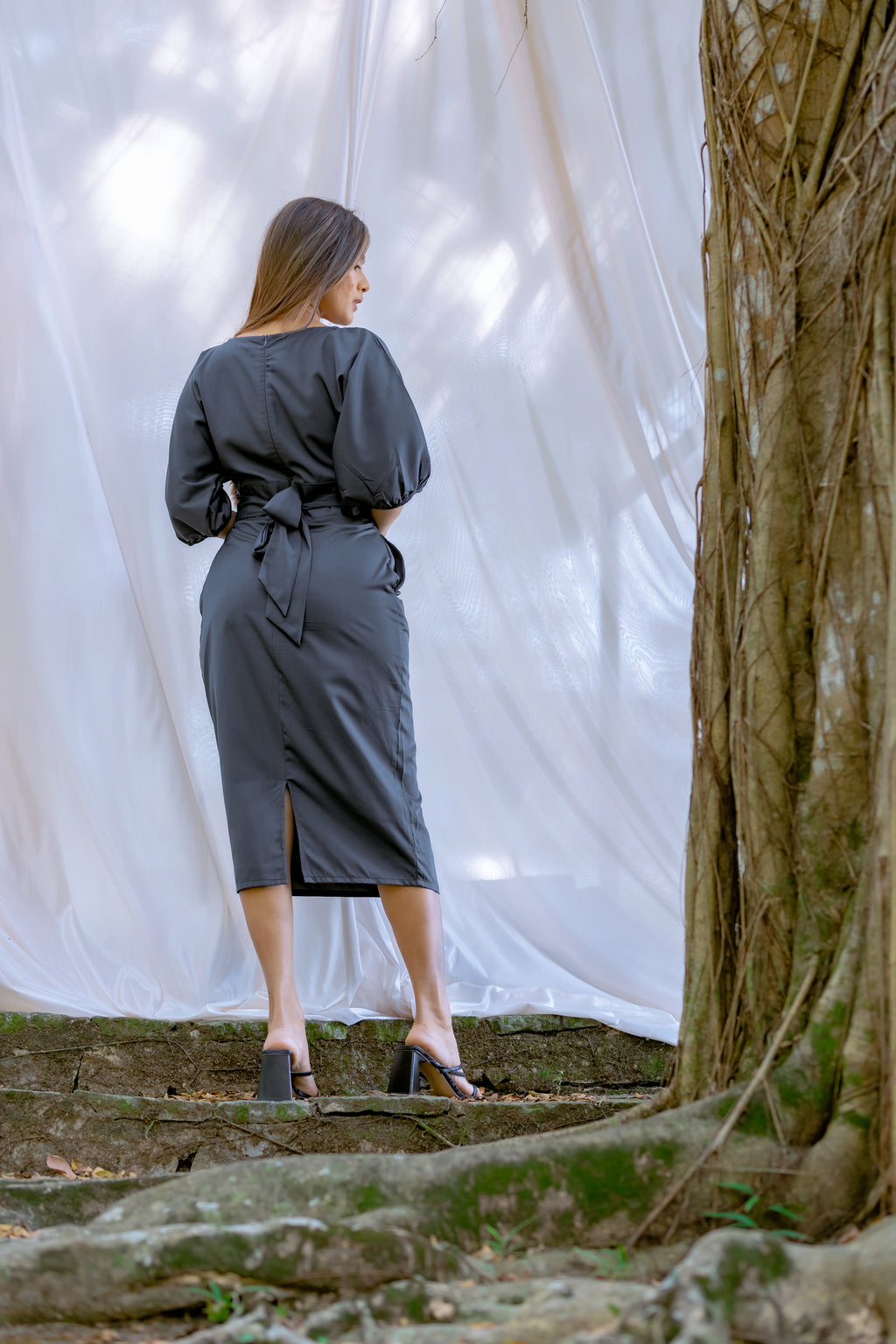 Puff Sleeve Empire Waist Midi Dress