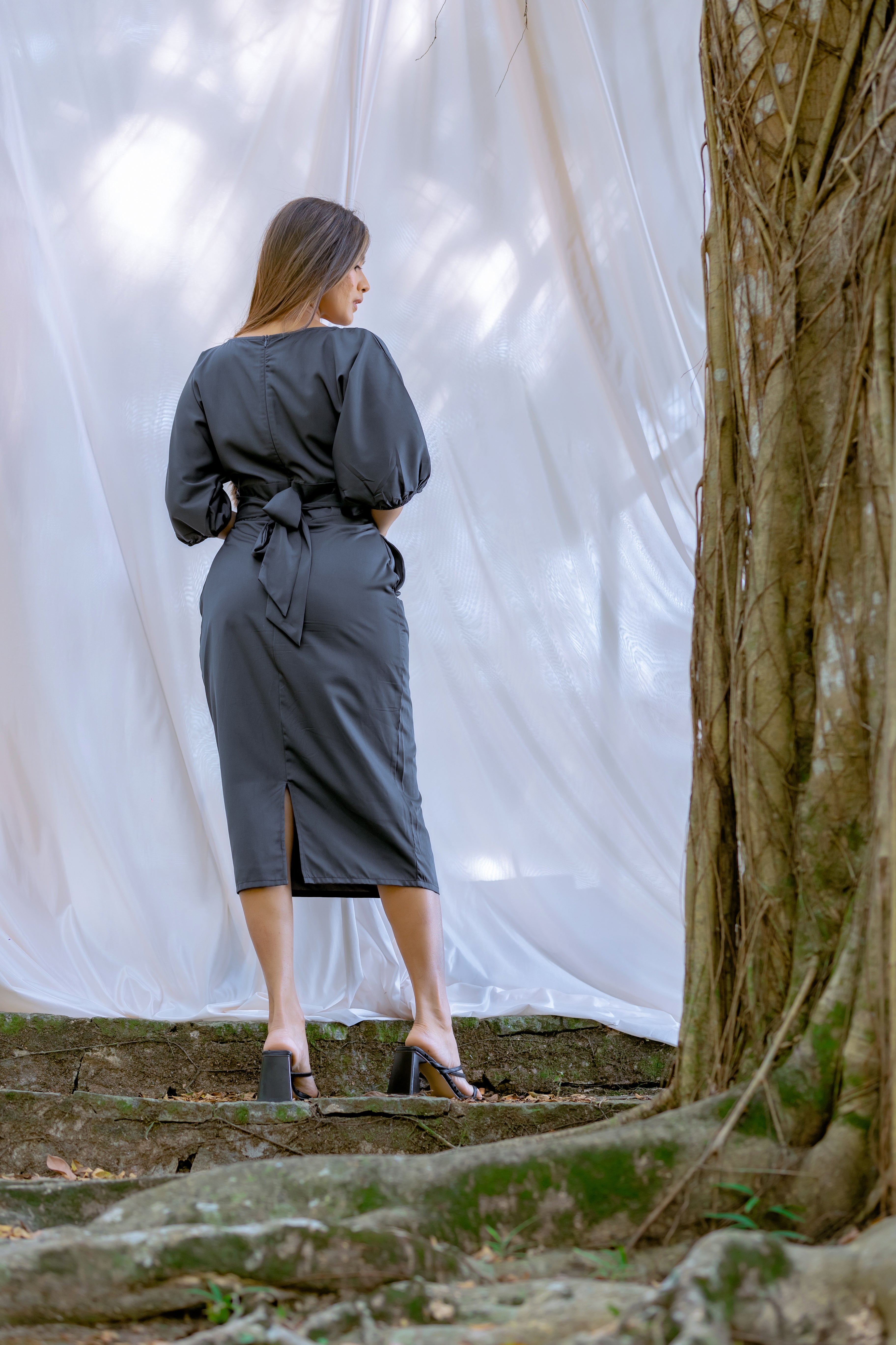 Puff Sleeve Empire Waist Midi Dress