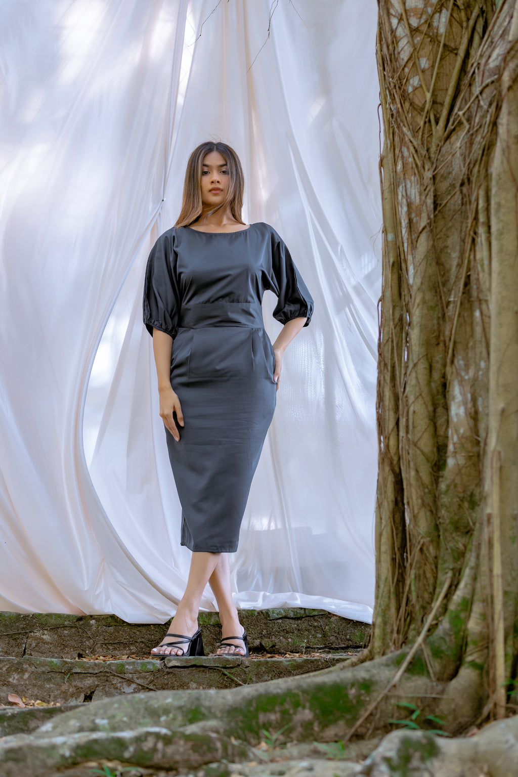 Puff Sleeve Empire Waist Midi Dress