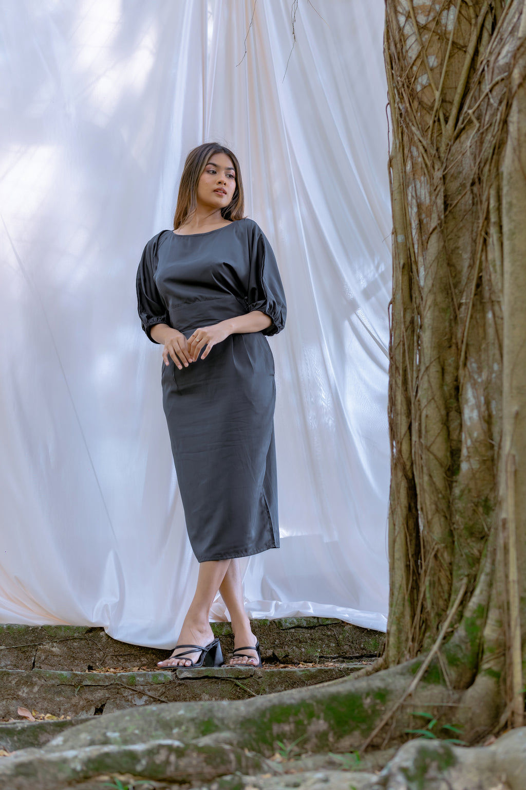 Puff Sleeve Empire Waist Midi Dress
