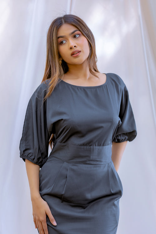 Puff Sleeve Empire Waist Midi Dress