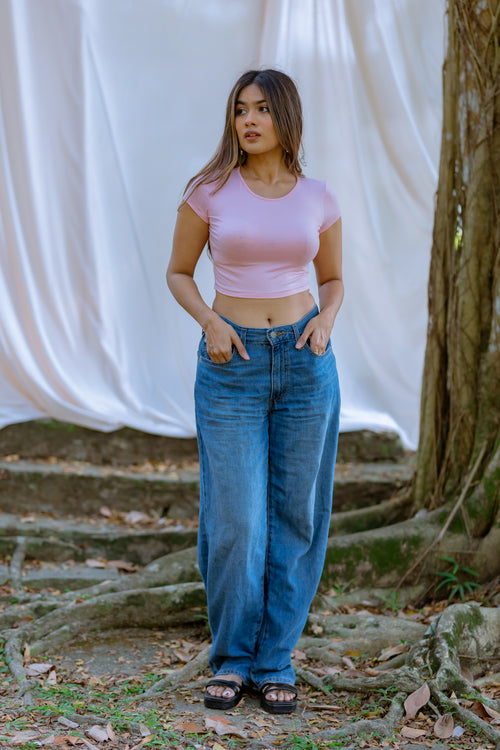 Cap Sleeve Fitted Crop Top- Light Pink