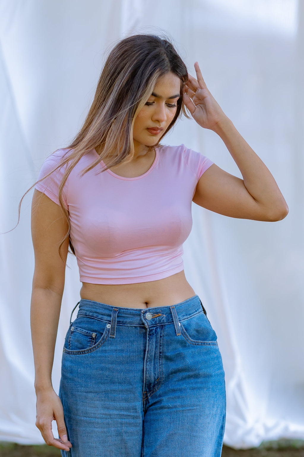 Cap Sleeve Fitted Crop Top- Light Pink
