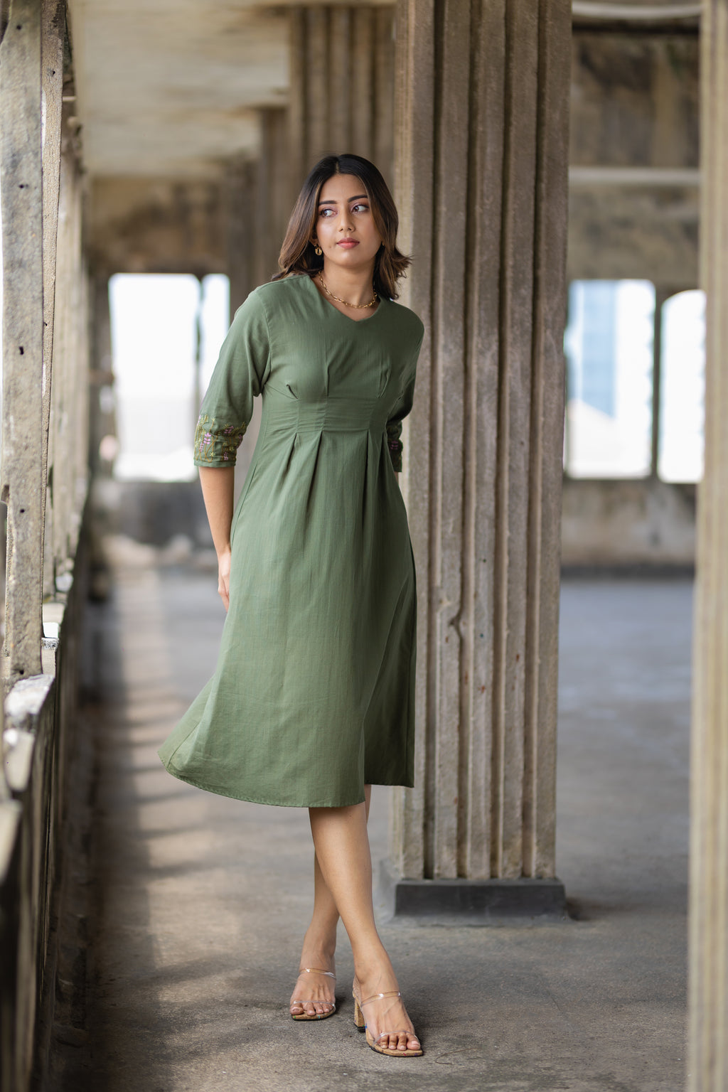 Linen Embroidered Midi Dress