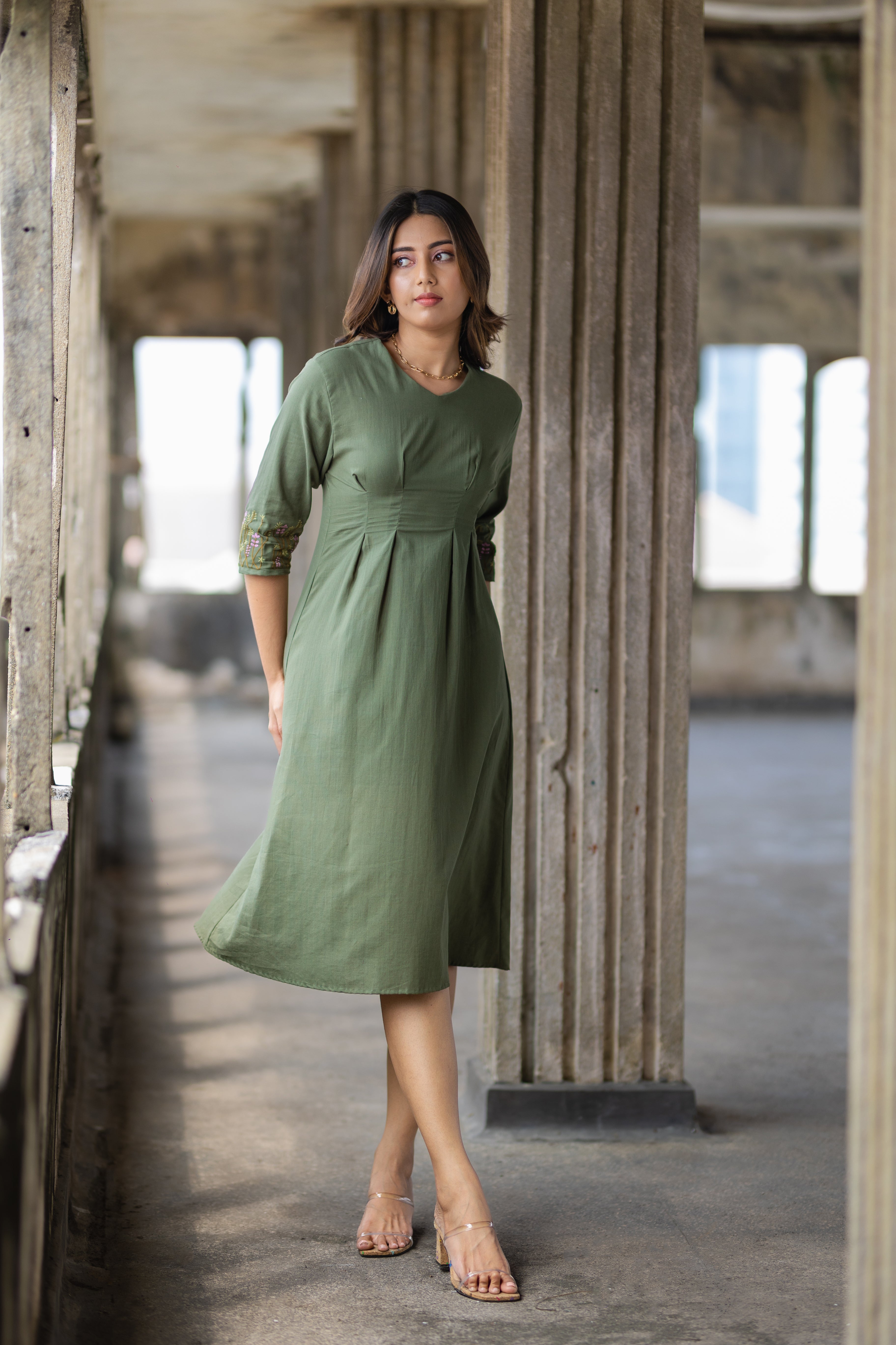 Linen Embroidered Midi Dress