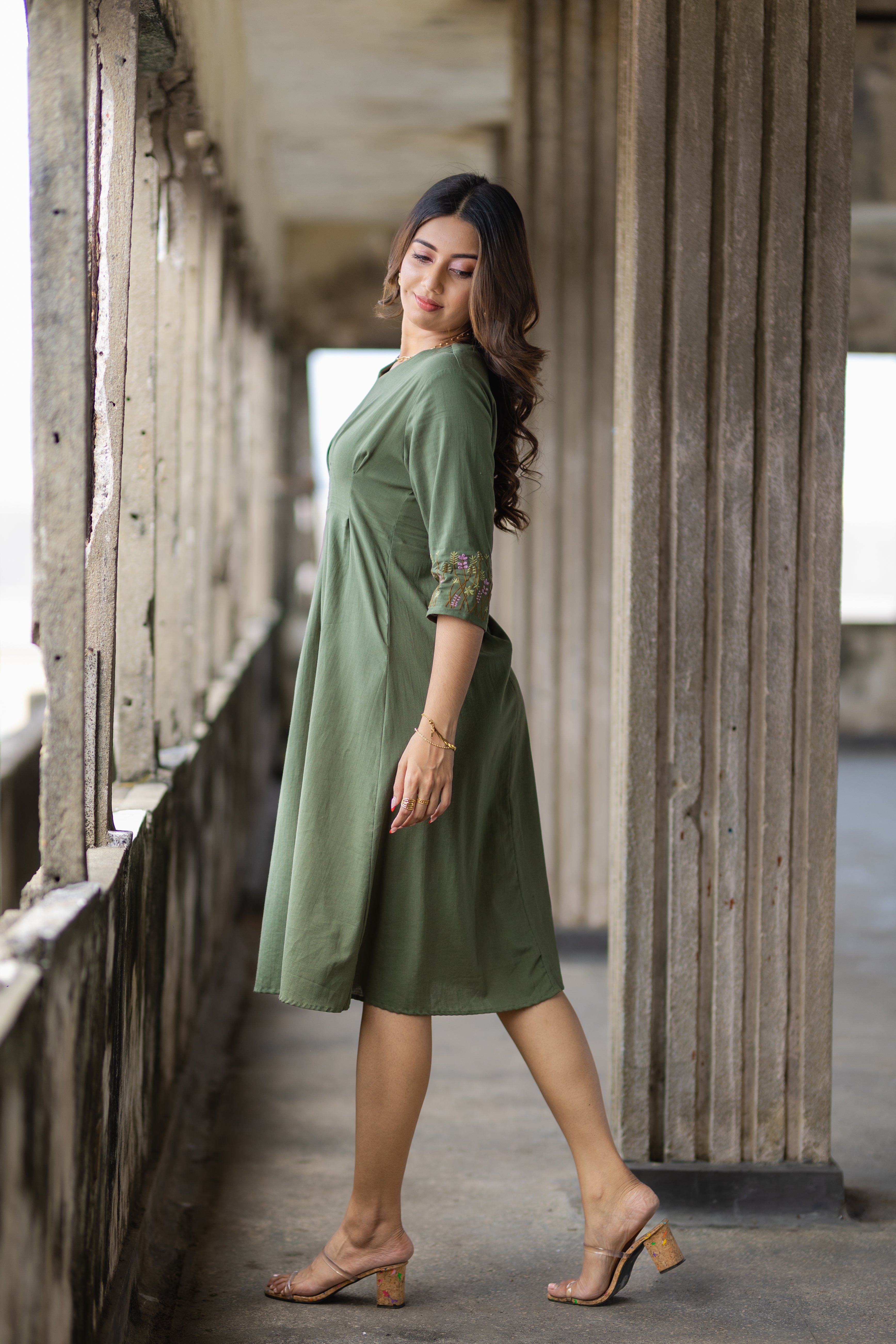 Linen Embroidered Midi Dress