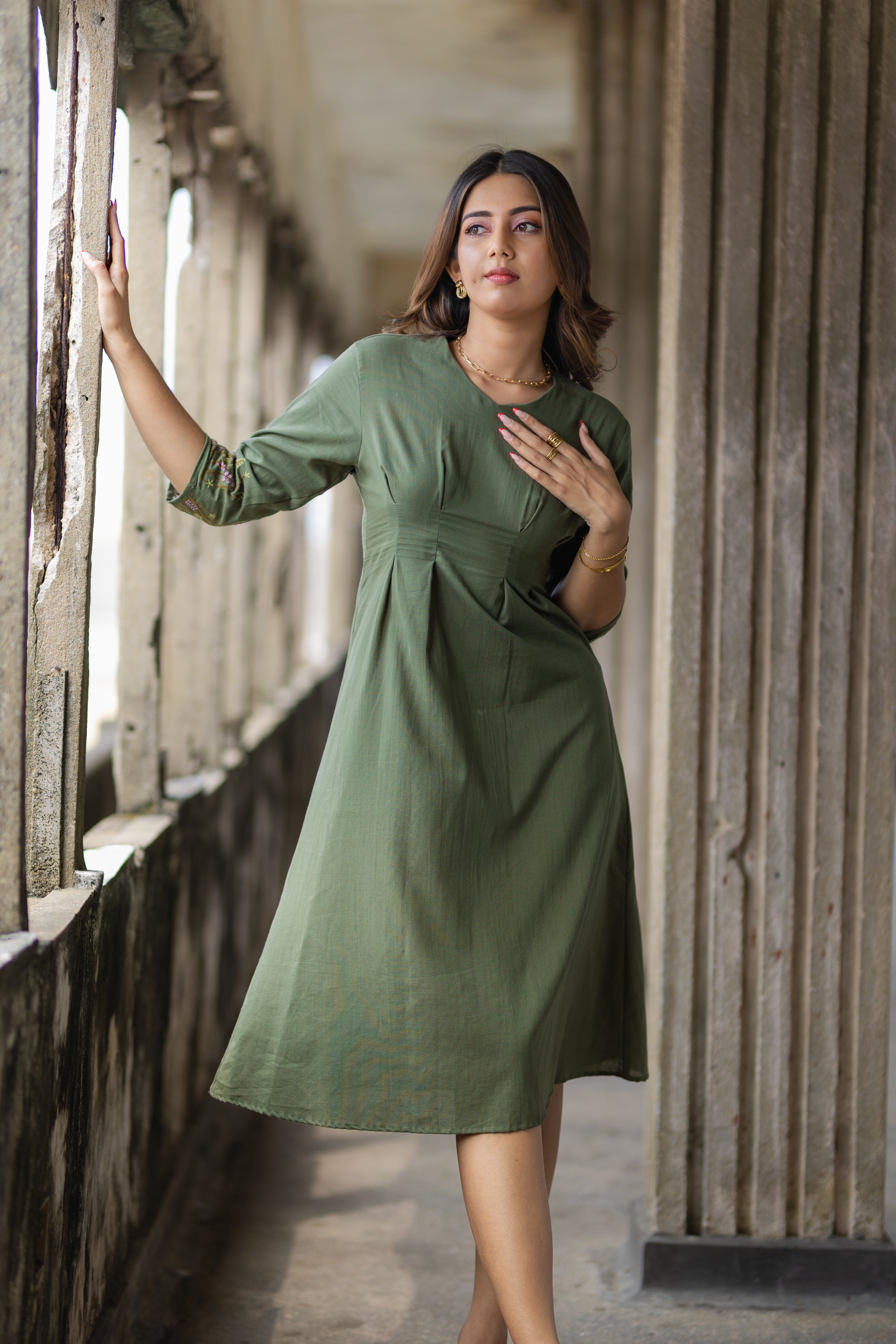 Linen Embroidered Midi Dress