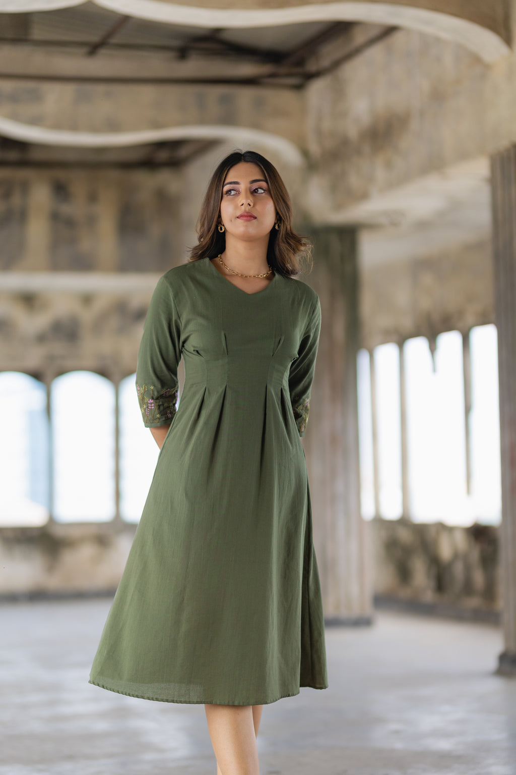 Linen Embroidered Midi Dress