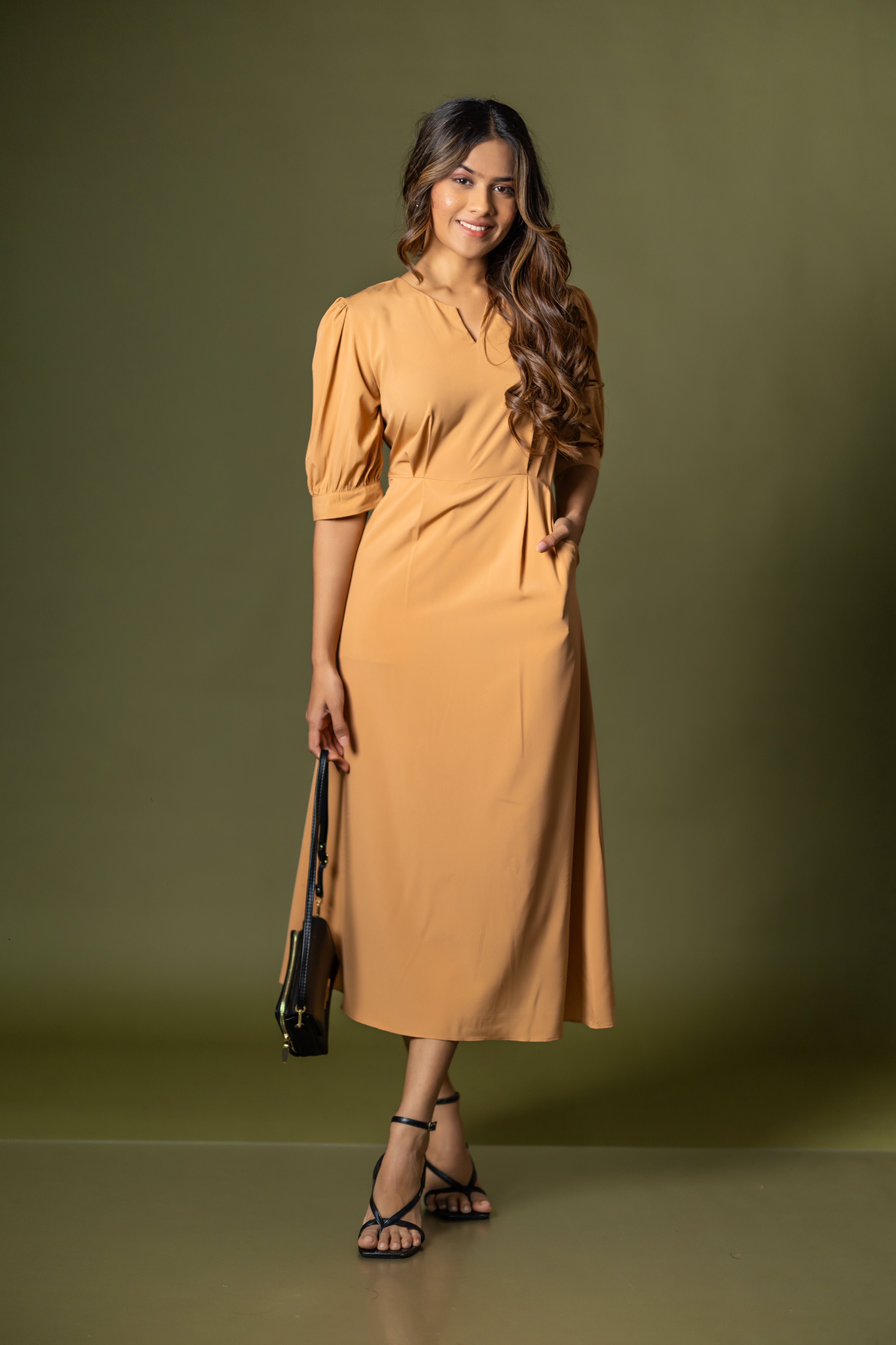 Camel Puff-Sleeve Midi