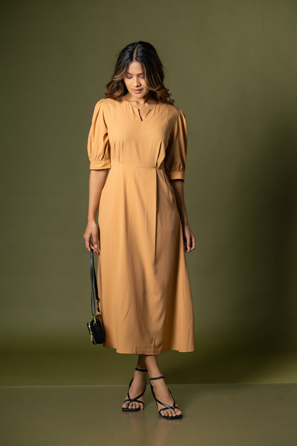 Camel Puff-Sleeve Midi
