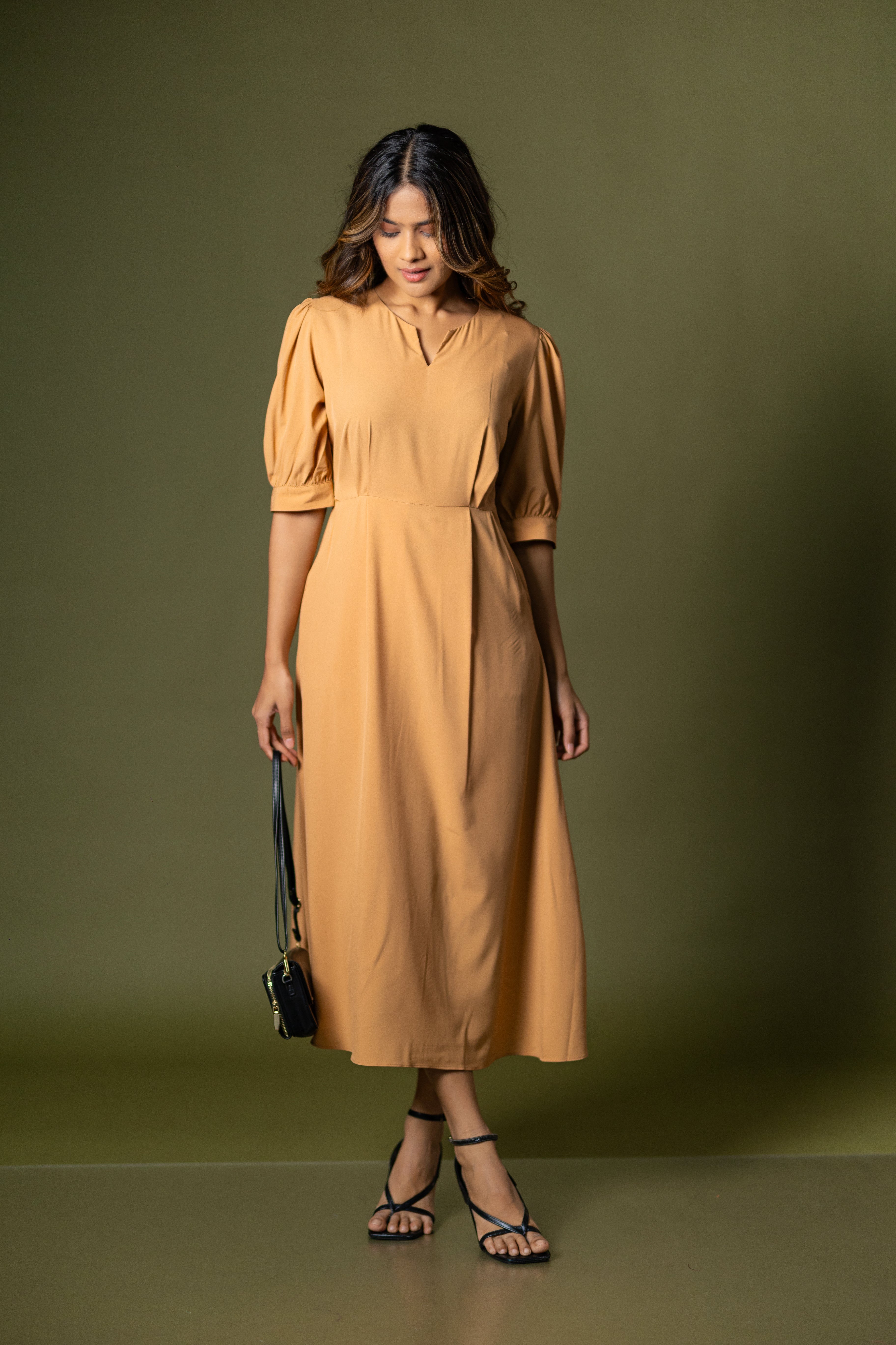 Camel Puff-Sleeve Midi