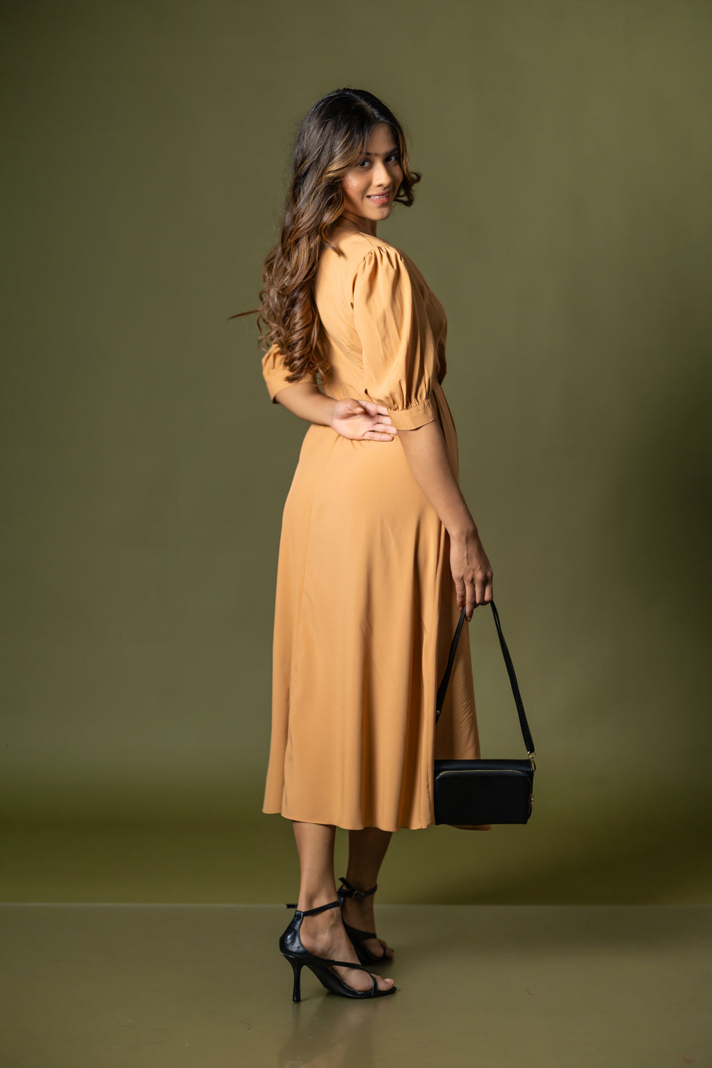 Camel Puff-Sleeve Midi