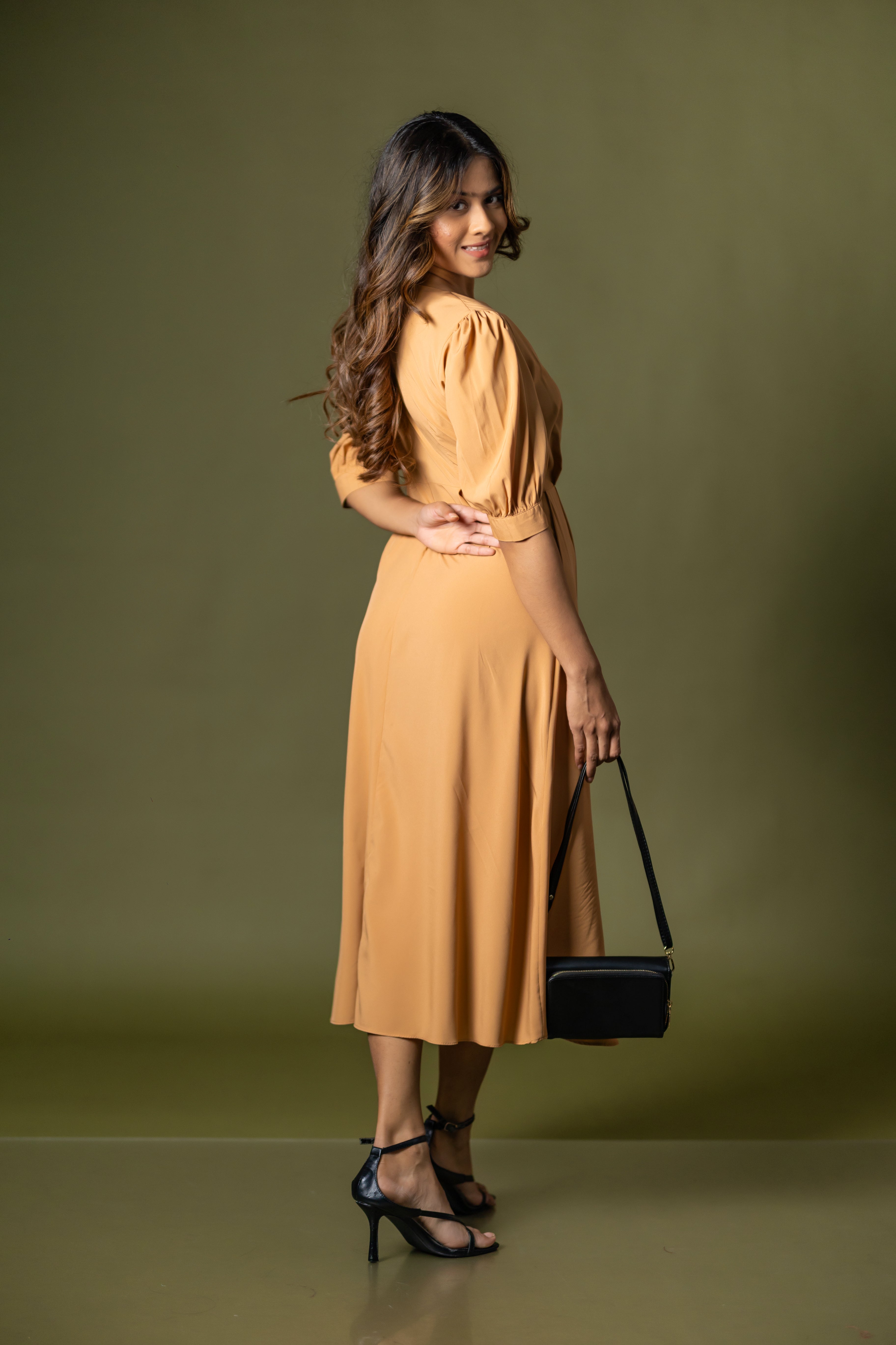 Camel Puff-Sleeve Midi