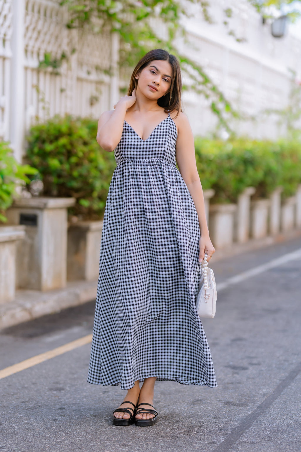 Black & White Gingham Sleeveless Maxi Dress