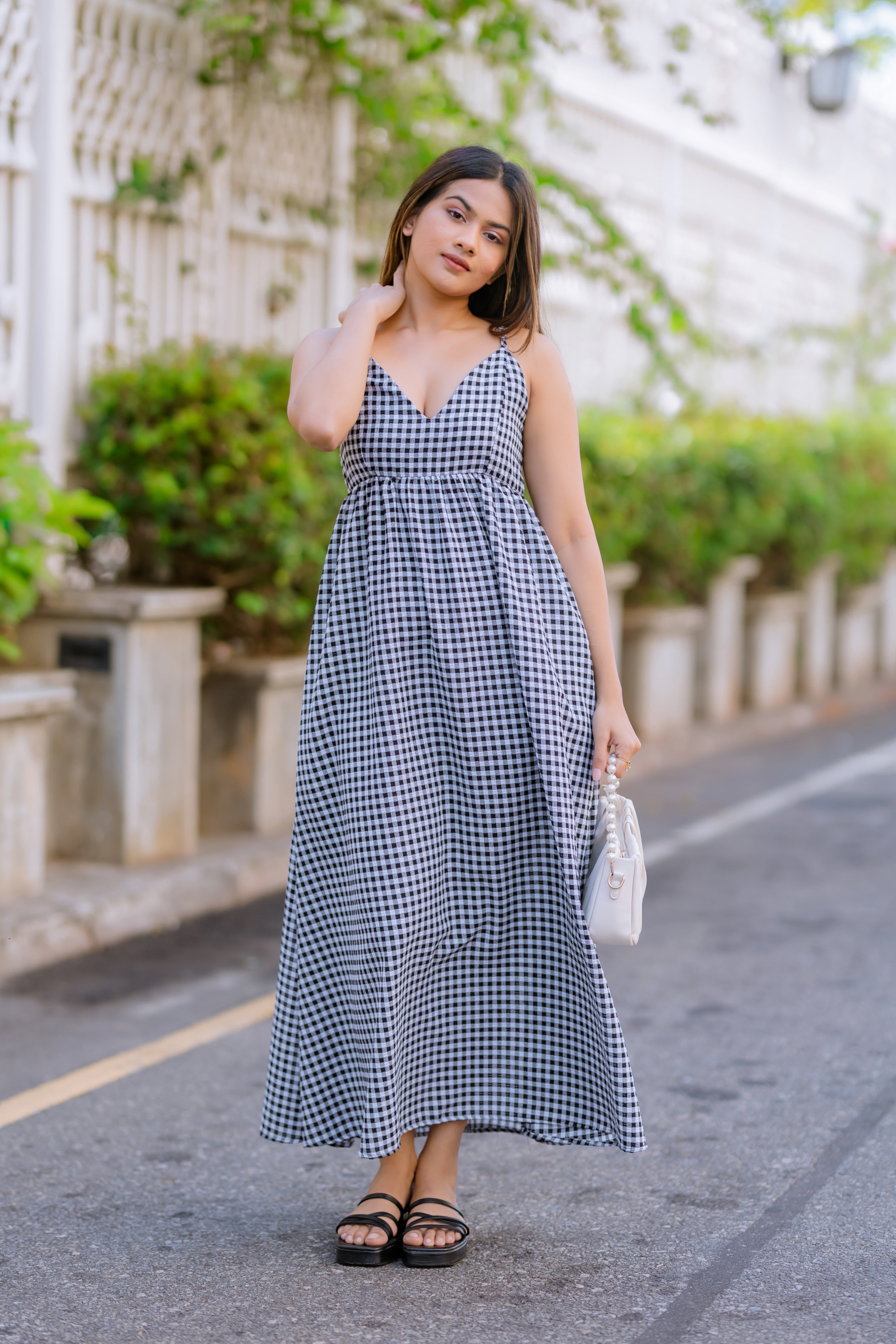 Black & White Gingham Sleeveless Maxi Dress