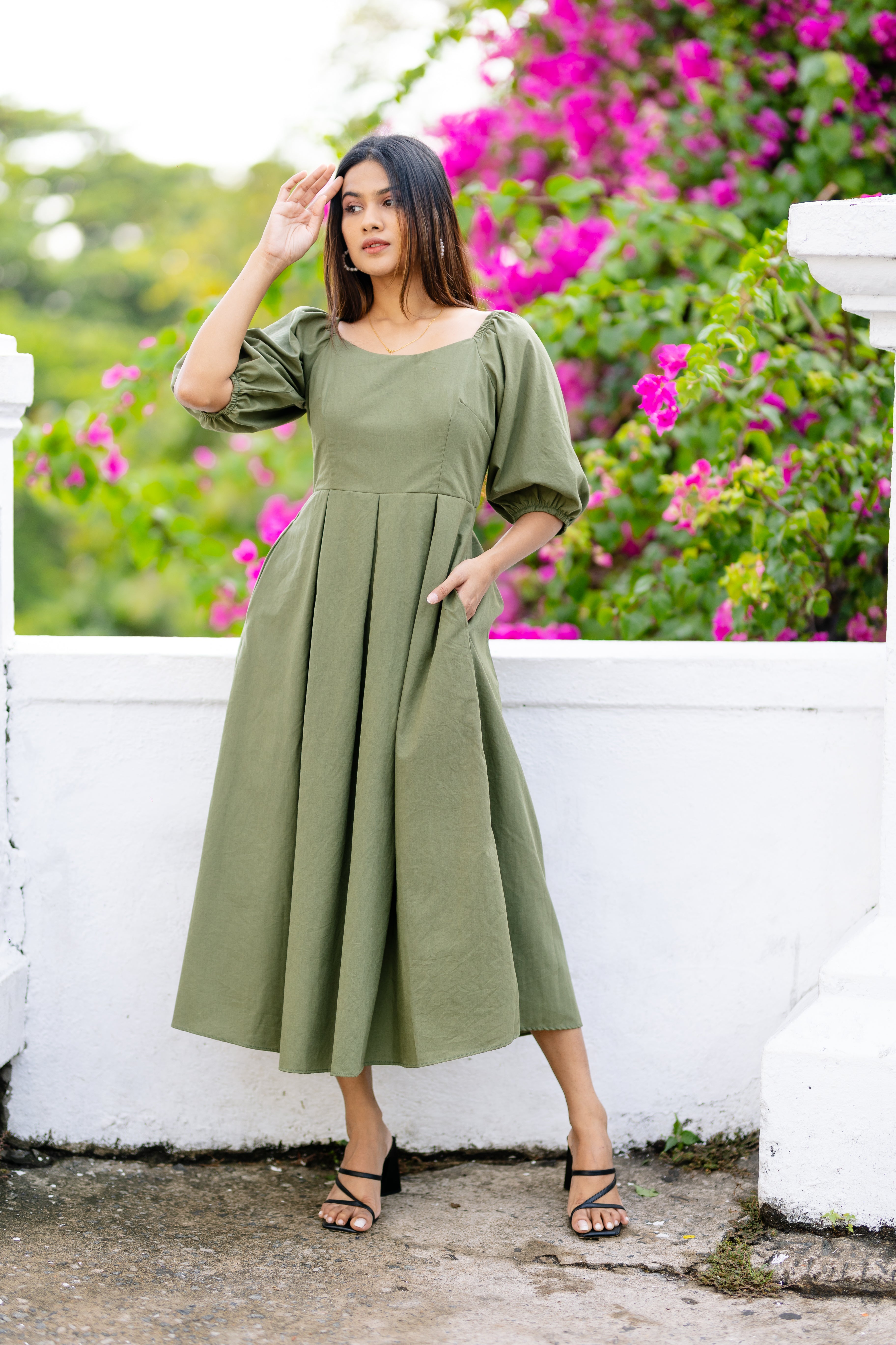 Green Box Pleated Dress