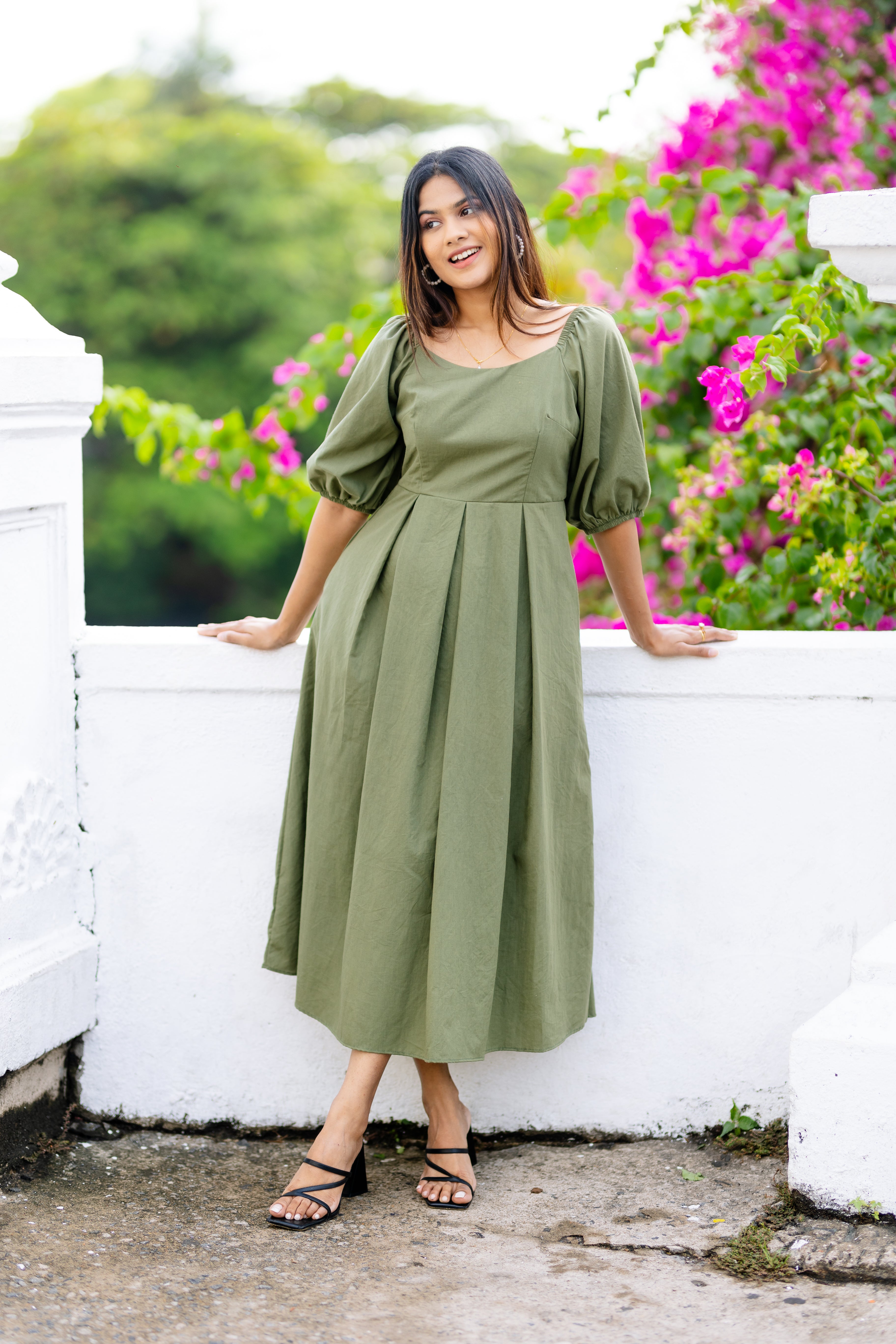 Green Box Pleated Dress