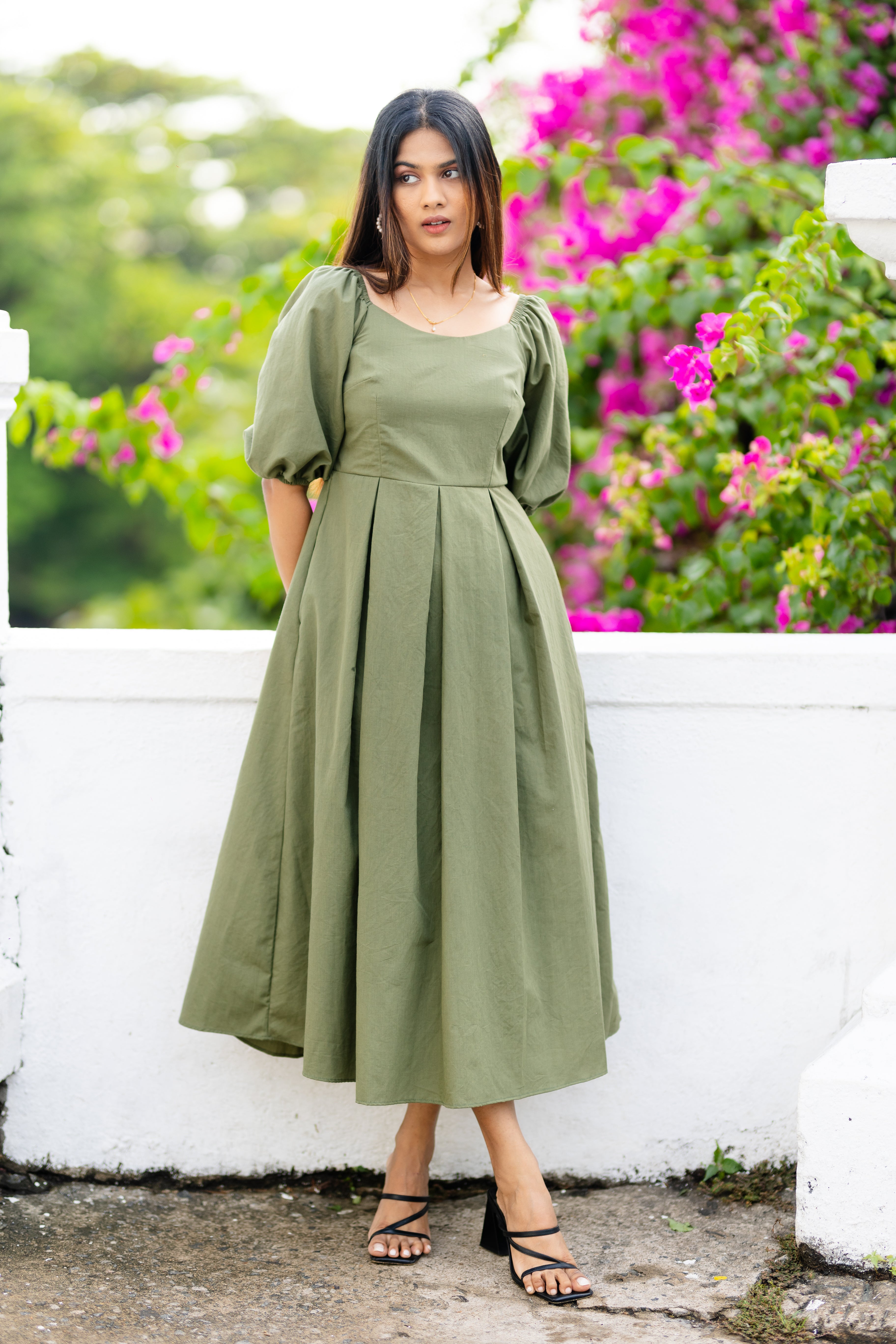 Green Box Pleated Dress