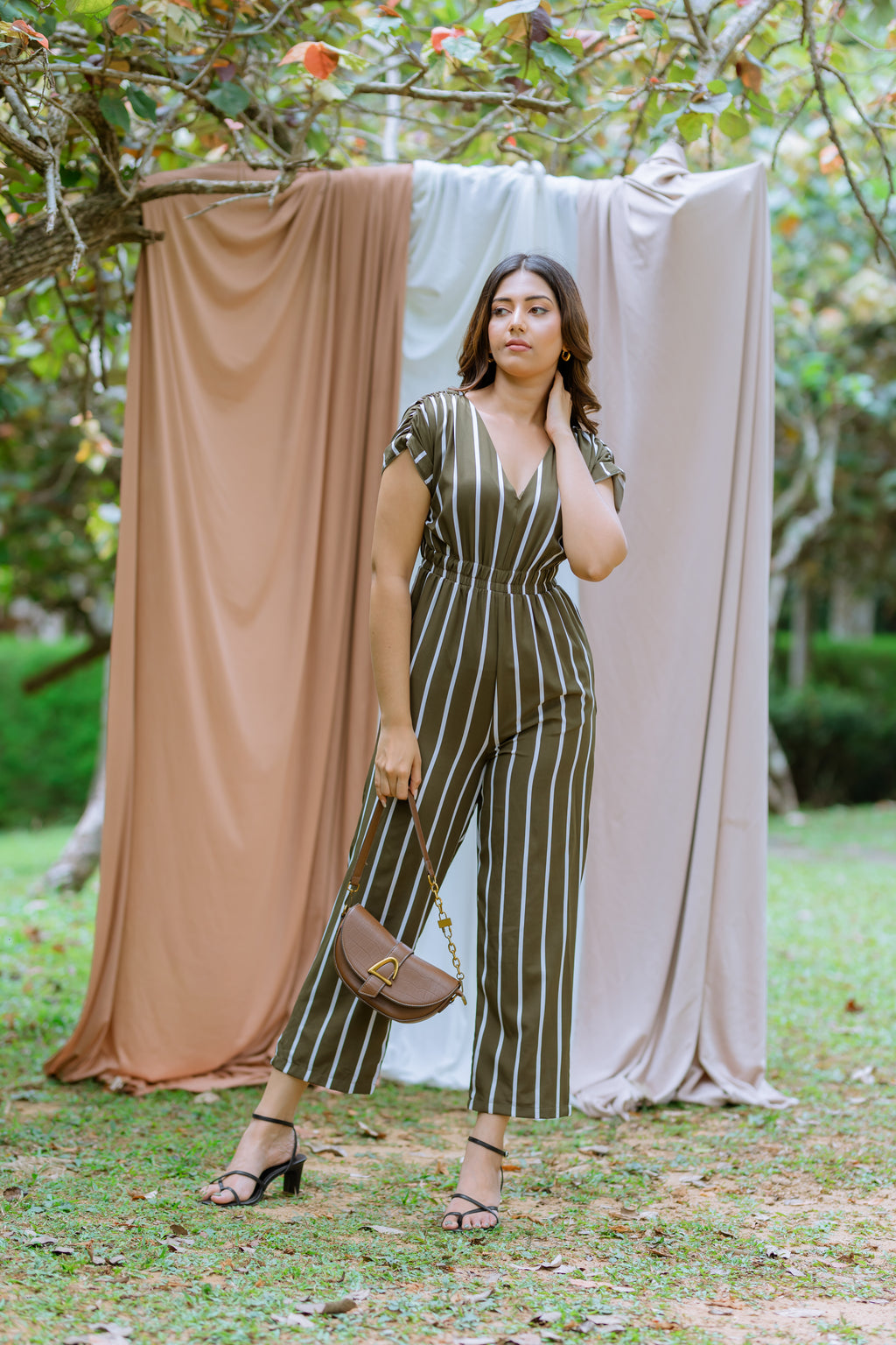 Striped Jumpsuit With Ruched Sleeves